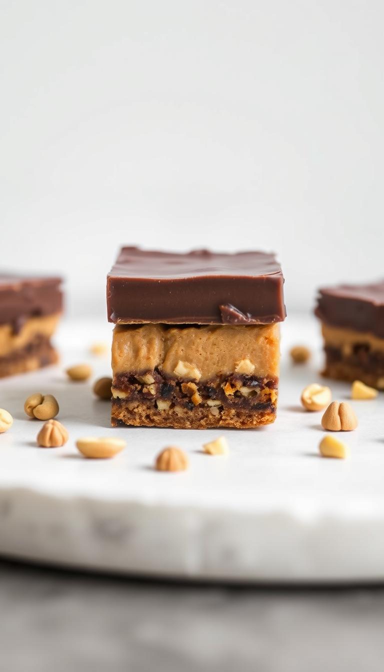 A delightful arrangement of a no-bake chocolate peanut butter dessert, showcased against a clean, minimalist backdrop. The smooth, glossy chocolate layer sits atop a dense, creamy peanut butter base, punctuated by a scattering of chopped peanuts for texture and visual interest. The dessert is artfully presented, with clean lines and a natural, earthy tone that evokes a sense of simplicity and homemade charm. Soft, diffused lighting gently illuminates the scene, casting subtle shadows and highlighting the rich, decadent colors. The overall composition is visually appealing and immediately inviting, capturing the essence of an effortless, no-bake treat.