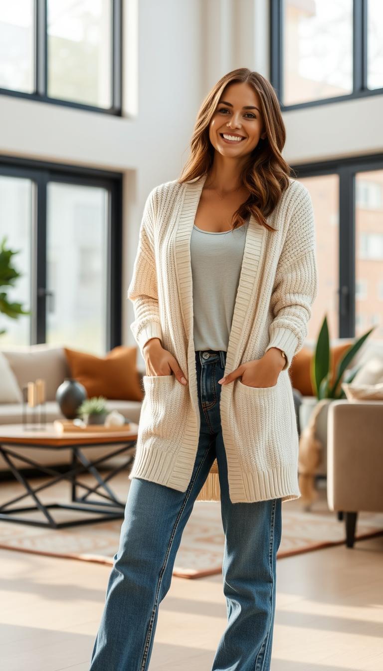 A fashionable woman wearing a neutral knit cardigan, paired with straight-leg jeans, is standing in a cozy, modern living room. The cardigan is cream-colored, soft, and slightly oversized, lending a relaxed feel, while the jeans are medium-blue with a classic straight cut, emphasizing a laid-back vibe. In the foreground, the woman is smiling, embodying confidence and comfort. The middle scene includes a well-furnished room with a stylish coffee table and a plush sofa, accented by subtle plants. The background showcases large windows that let in natural light, illuminating the scene and creating a warm, inviting atmosphere. The image is captured with a soft focus lens, enhancing the cozy mood and ensuring the attire is the focal point. The overall ambiance is chic, yet effortlessly comfortable.