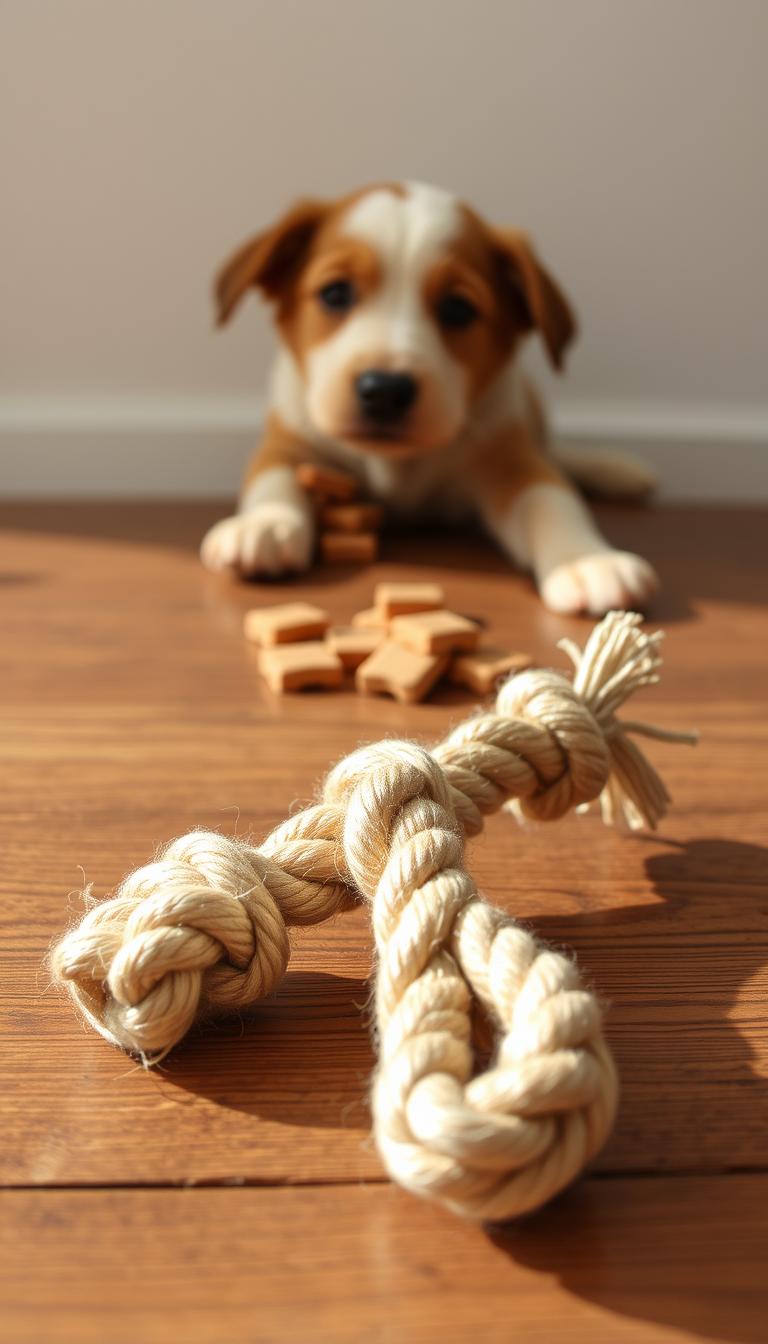 A handcrafted, rustic DIY rope tug toy for a playful pup. In the foreground, a thick, woven cotton rope is knotted at both ends, creating an enticing pull toy. Warm, natural lighting accentuates the textural details of the braided fibers. The toy rests on a wooden surface, conveying a homemade, organic aesthetic. In the middle ground, a few scattered wooden blocks or dog treats add interactive elements, encouraging the canine companion to tug and play. The background features a simple, uncluttered setting, allowing the viewer to focus on the charming, homemade toy design. Overall, the image radiates a cozy, crafty atmosphere, perfectly suited for a DIY dog toy feature.