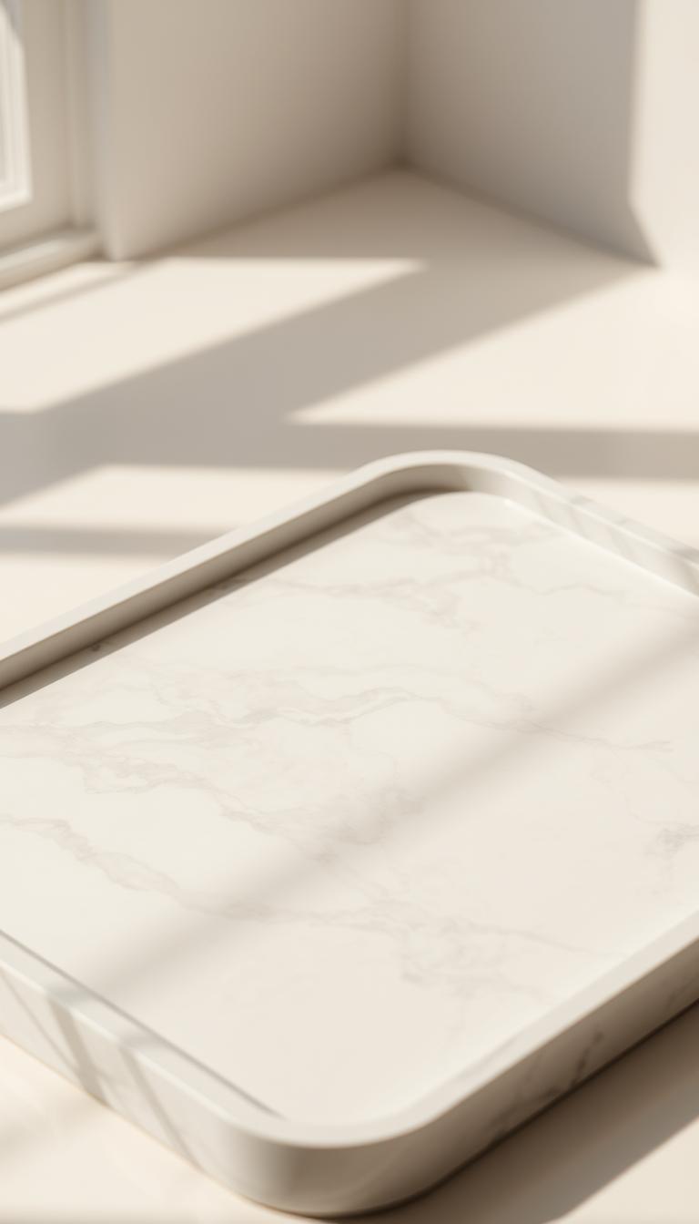 A high-quality marble-effect tray with a smooth, glossy surface. The tray features a refined, elegant design with subtle veining and swirling patterns in shades of gray, white, and soft beige, resembling natural marble. The tray is positioned in a well-lit, airy setting, casting soft shadows and highlighting the textural details. The lighting is natural, with a warm, diffused glow, creating a luxurious, sophisticated atmosphere. The camera angle is slightly elevated, capturing the tray in an artful, visually appealing composition, showcasing its beautiful, high-end appearance.