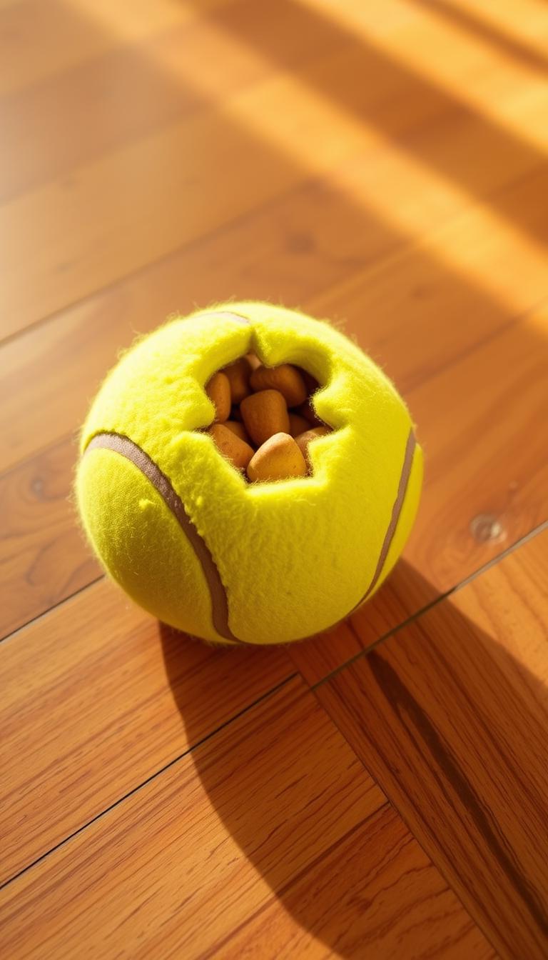 A homemade dog toy crafted from a tennis ball, filled with tasty treats. A simple yet engaging DIY puzzle for canine companions. The ball rests on a hardwood floor, illuminated by warm, natural lighting. Detailed textures of the fuzzy yellow surface and the dynamic, puzzle-like opening invite playful interaction. The scene radiates an inviting, cozy atmosphere, perfect for a furry friend's enrichment and engagement.