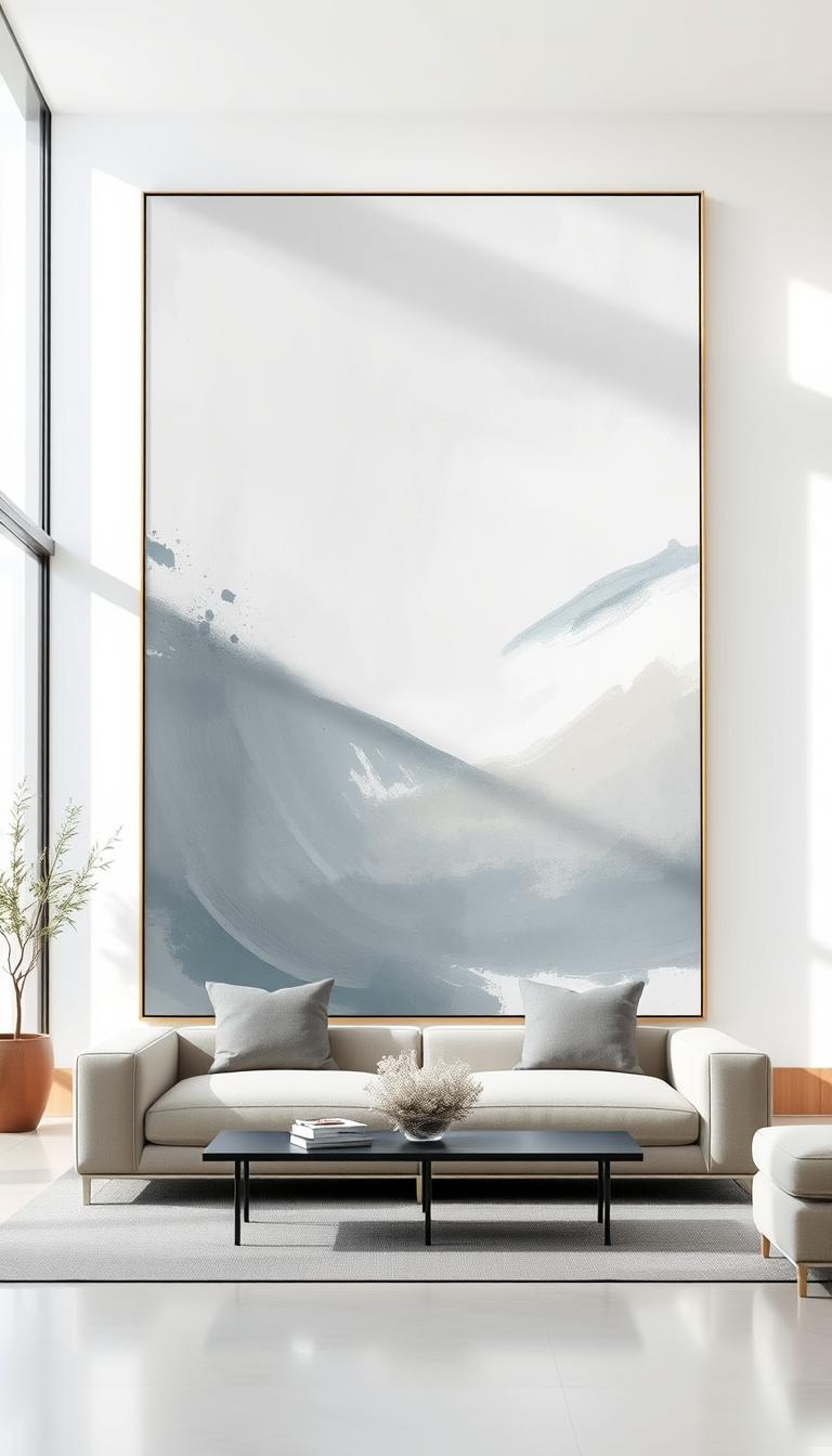 A large, minimalist abstract painting dominates the frame, occupying the central foreground. The artwork features bold, sweeping brushstrokes in a harmonious palette of muted grays, blues, and whites, creating a sense of serene sophistication. The painting is set against a clean, bright background, accentuated by natural light streaming in from a large window, casting a soft, even illumination. The room's interior is sparsely furnished, with simple, streamlined furniture and decor, allowing the statement art to be the focal point and anchor of the minimalist, calming aesthetic.