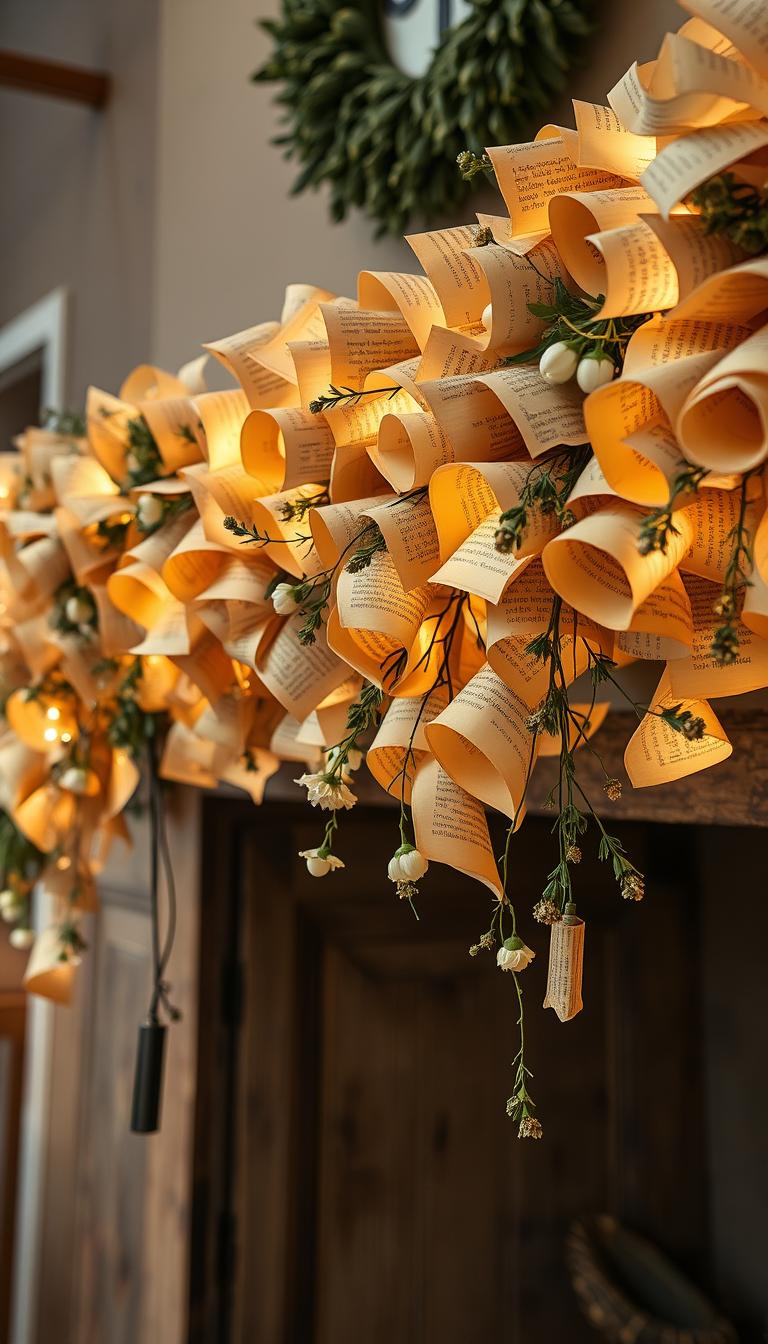 A lush, vintage-inspired garland made from aged, antique book pages, meticulously curled and intertwined, adorned with delicate, ivory-tinted blooms and sprigs of fragrant herbs. Gentle, warm lighting casts a soft, cozy glow, highlighting the garland's natural textures and hues, evoking a sense of timeless, cottagecore charm. The garland hangs effortlessly, framing the scene with a timeless, romantic aesthetic, perfect for adorning a rustic fireplace mantel, a weathered wooden door, or a charming, country-style bookshelf.