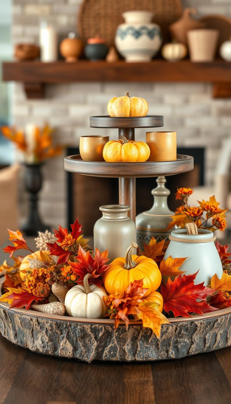 A meticulously arranged tabletop tiered tray decor in a cozy, autumnal setting. The foreground features a rustic wooden tray adorned with a variety of seasonal elements - gourds, pumpkins, and clusters of fall foliage in warm hues of amber, crimson, and ochre. The middle ground showcases an assortment of artisanal pottery, woven baskets, and textured candles, all bathed in the gentle glow of soft, diffused lighting. In the background, a blurred, cozy interior scene sets the mood, with a glimpse of a fireplace mantel or wooden shelving. The overall composition exudes a sense of homespun charm and seasonal inspiration, perfect for a transitional home decor display.