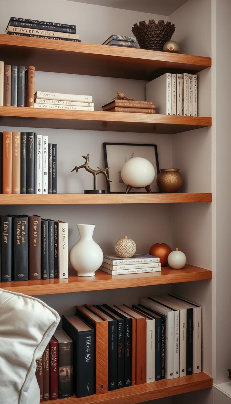 A meticulously curated bookshelf with a visually balanced arrangement of hardcover volumes, decorative objects, and intentional empty spaces. The lighting is soft and diffused, creating a warm, inviting ambiance. The camera angle is slightly elevated, showcasing the harmonious interplay of shapes, textures, and negative space. The overall composition exudes a sense of effortless elegance, effortlessly guiding the viewer's eye through the intentional voids that accentuate the carefully selected items. The resulting image will inspire and guide the reader on how to create a beautifully styled shelf that radiates a sense of sophistication and thoughtfulness.
