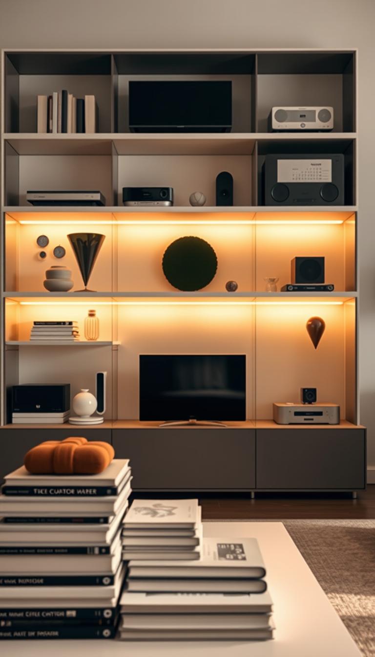 A meticulously organized TV stand with sleek, minimalist shelves displaying an array of multimedia devices. The soft, warm lighting highlights the clean lines and muted color palette, creating a serene, inviting atmosphere. In the foreground, neatly stacked books, stylish decor pieces, and carefully curated media accessories showcase a sense of intentional, decluttered design. The middle ground features the TV, surrounded by hidden cable management and discrete storage solutions. The background showcases a simple, uncluttered wall, allowing the organized TV stand to take center stage. The overall scene conveys a sense of harmony, control, and a calming, decluttered aesthetic. A meticulously organized TV stand with sleek, minimalist shelves displaying an array of multimedia devices. The soft, warm lighting highlights the clean lines and muted color palette, creating a serene, inviting atmosphere. In the foreground, neatly stacked books, stylish decor pieces, and carefully curated media accessories showcase a sense of intentional, decluttered design. The middle ground features the TV, surrounded by hidden cable management and discrete storage solutions. The background showcases a simple, uncluttered wall, allowing the organized TV stand to take center stage. The overall scene conveys a sense of harmony, control, and a calming, decluttered aesthetic.