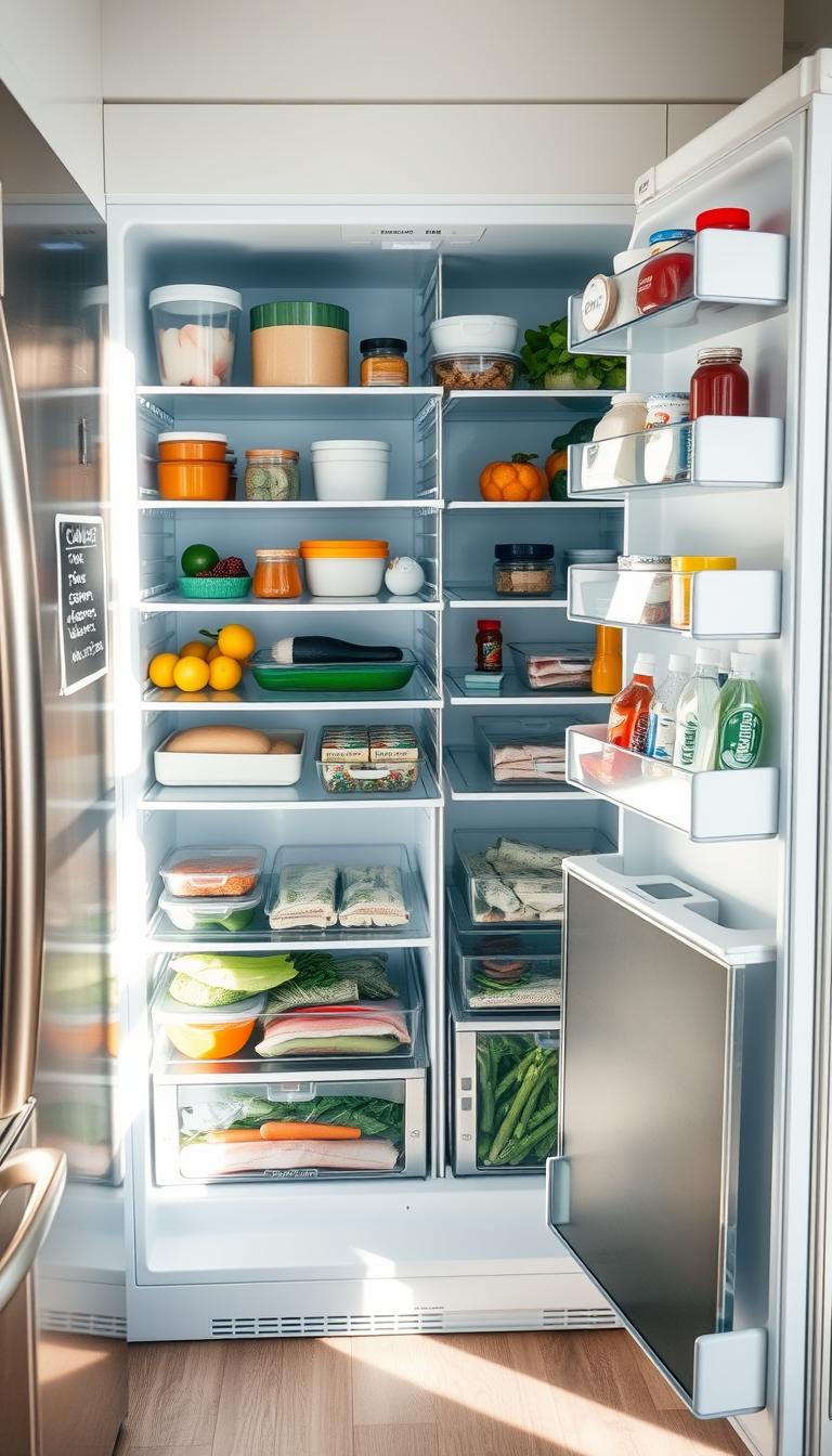 A meticulously organized refrigerator interior, bathed in soft, natural lighting. The shelves are neatly arranged, with clear glass containers, labeled and color-coded, housing a variety of fresh produce, dairy products, and condiments. The freezer compartment is tidy, with individually wrapped portions of meats, fish, and frozen vegetables. A magnetic chalkboard on the door offers a handwritten grocery list. Stainless steel appliances gleam, reflecting the clean, minimalist aesthetic. An overall sense of calm and efficiency pervades the scene, inviting the viewer to envision a well-maintained, clutter-free kitchen. A meticulously organized refrigerator interior, bathed in soft, natural lighting. The shelves are neatly arranged, with clear glass containers, labeled and color-coded, housing a variety of fresh produce, dairy products, and condiments. The freezer compartment is tidy, with individually wrapped portions of meats, fish, and frozen vegetables. A magnetic chalkboard on the door offers a handwritten grocery list. Stainless steel appliances gleam, reflecting the clean, minimalist aesthetic. An overall sense of calm and efficiency pervades the scene, inviting the viewer to envision a well-maintained, clutter-free kitchen.