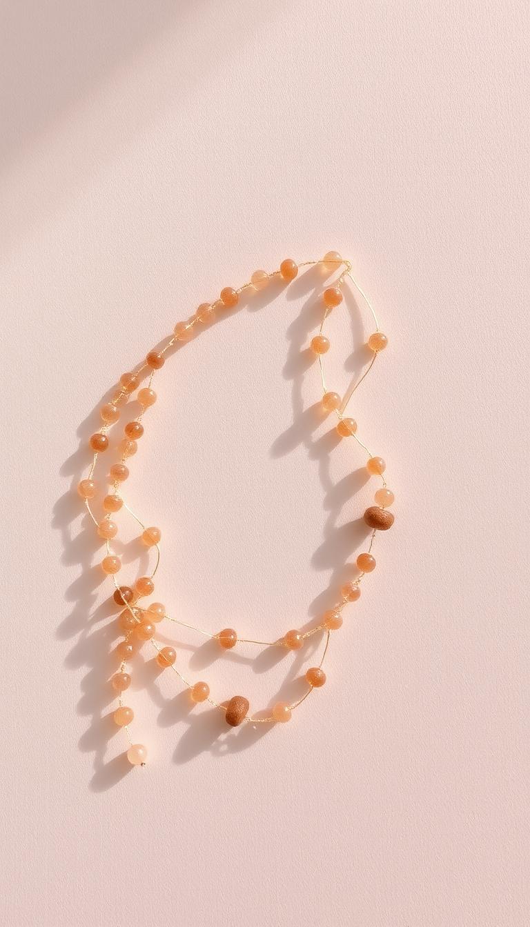 A minimalist arrangement of delicate glass beads in muted, earthy tones gently cascades over a plain wooden surface, casting soft shadows. The beads are strung in an organic, asymmetrical pattern, with varying bead sizes creating a textural, handcrafted feel. The lighting is soft and diffused, accentuating the translucent quality of the beads and imbuing the scene with a serene, contemplative atmosphere. The composition is centered and balanced, with the beads occupying the foreground and middle ground, against a simple, uncluttered background that allows the beauty of the materials to shine.