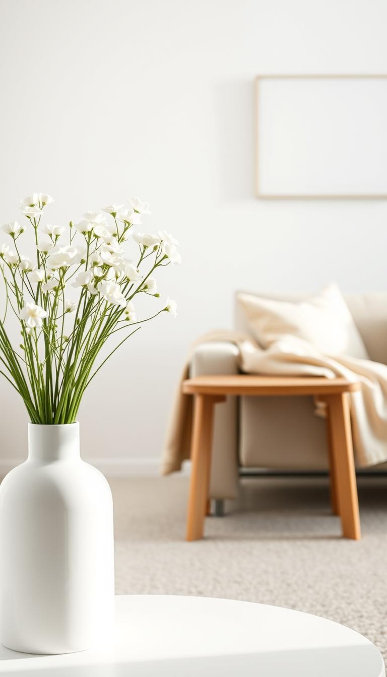 A minimalist color palette for home decor, showcasing a soothing neutral arrangement. In the foreground, a simple but elegant vase filled with delicate white flowers, bathed in soft, natural lighting. In the middle ground, a sleek, wooden side table with clean lines, complemented by a plush, beige throw blanket draped over a neutral-toned sofa. The background features a neutral-colored wall, with hints of texture and a single framed artwork, creating a serene and harmonious atmosphere. The overall composition conveys a sense of calm, sophistication, and a focus on simplicity, reflecting the essence of a minimalist home decor aesthetic.