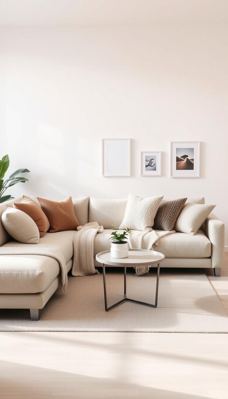 A minimalist, contemporary living room with a compact, L-shaped sectional sofa in a neutral tone, positioned in the foreground. The sofa is adorned with plush throw pillows and a soft, textured blanket, creating an inviting and cozy atmosphere. The middle ground features a small, round coffee table with a simple, geometric design, and a potted plant adds a touch of greenery. The background showcases a clean, white wall with a few framed artworks, lending an airy and refined ambiance. The lighting is soft and diffused, creating a warm, welcoming glow throughout the space. A minimalist, contemporary living room with a compact, L-shaped sectional sofa in a neutral tone, positioned in the foreground. The sofa is adorned with plush throw pillows and a soft, textured blanket, creating an inviting and cozy atmosphere. The middle ground features a small, round coffee table with a simple, geometric design, and a potted plant adds a touch of greenery. The background showcases a clean, white wall with a few framed artworks, lending an airy and refined ambiance. The lighting is soft and diffused, creating a warm, welcoming glow throughout the space.