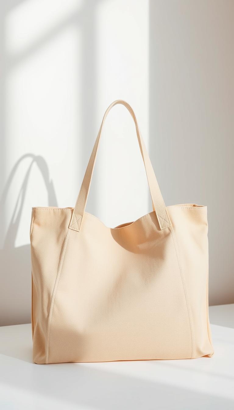 A minimalist, high-quality tote bag in a neutral color like beige or tan, captured in a soft, natural lighting environment. The bag is shown from a mid-range angle, showcasing its spacious interior and durable construction. The texture of the fabric is visually appealing, with a hint of subtle sheen. The tote sits atop a clean, uncluttered surface, allowing it to be the central focus of the image. The overall composition conveys a sense of simplicity, practicality, and timeless style, reflecting the versatility of this essential wardrobe item.