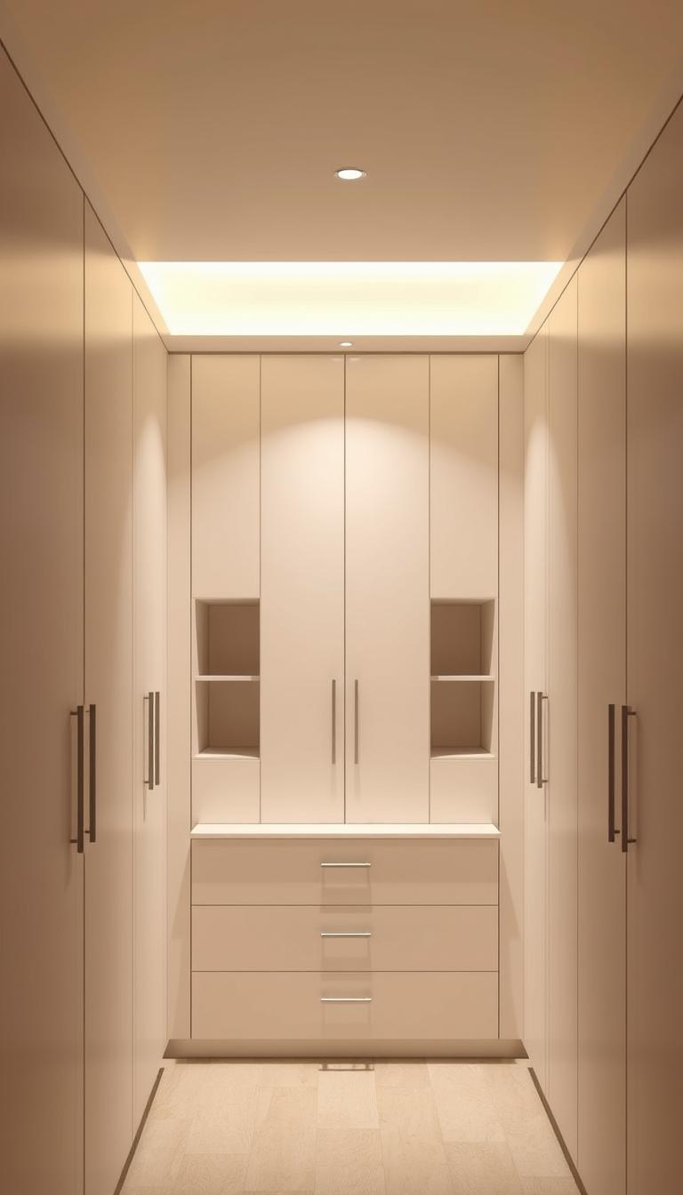A minimalist interior featuring closed storage cabinets with clean lines and neutral colors. The cabinets are arranged in a symmetrical grid, creating a balanced and visually appealing composition. Soft, diffused lighting from above casts a warm glow, accentuating the smooth surfaces and muted tones. The background is a simple, off-white wall, allowing the storage solutions to take center stage. The overall atmosphere is one of calm, order, and understated elegance, reflecting the "hide storage in closed cabinets" design principle.