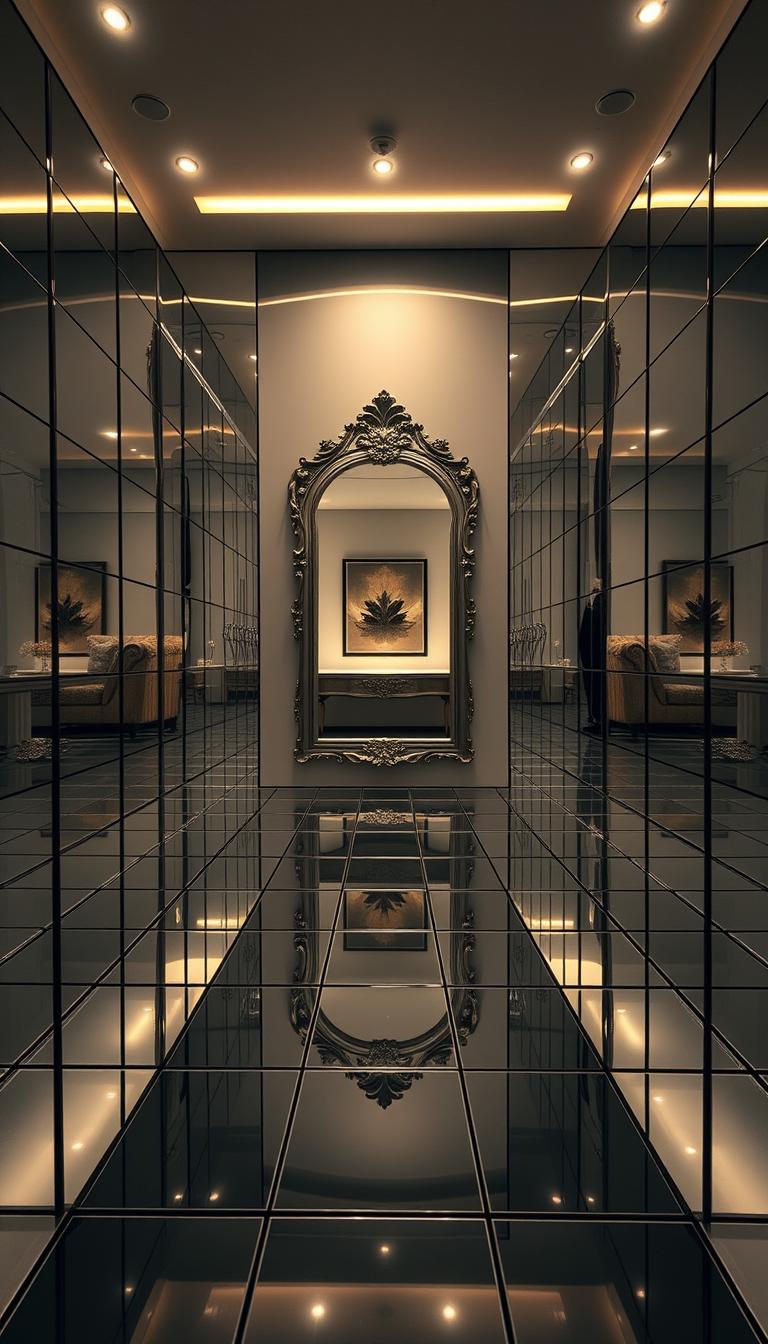 A minimalist interior with a focus on mirrors that create the illusion of depth. A large, ornate mirror dominates the center, reflecting the room's contents and creating a sense of expansiveness. Surrounding it are a series of smaller, sleek mirrors arranged in a grid pattern, their reflections interacting to form a mesmerizing, infinite visual loop. Soft, diffused lighting emanates from concealed sources, casting a warm glow and lending an air of tranquility. The overall color palette is muted and monochromatic, with hints of metallic accents that shimmer in the reflected light. The resulting scene is a harmonious balance of form, function, and optical illusion, perfectly suited to visually expand a small living space. A minimalist interior with a focus on mirrors that create the illusion of depth. A large, ornate mirror dominates the center, reflecting the room's contents and creating a sense of expansiveness. Surrounding it are a series of smaller, sleek mirrors arranged in a grid pattern, their reflections interacting to form a mesmerizing, infinite visual loop. Soft, diffused lighting emanates from concealed sources, casting a warm glow and lending an air of tranquility. The overall color palette is muted and monochromatic, with hints of metallic accents that shimmer in the reflected light. The resulting scene is a harmonious balance of form, function, and optical illusion, perfectly suited to visually expand a small living space.