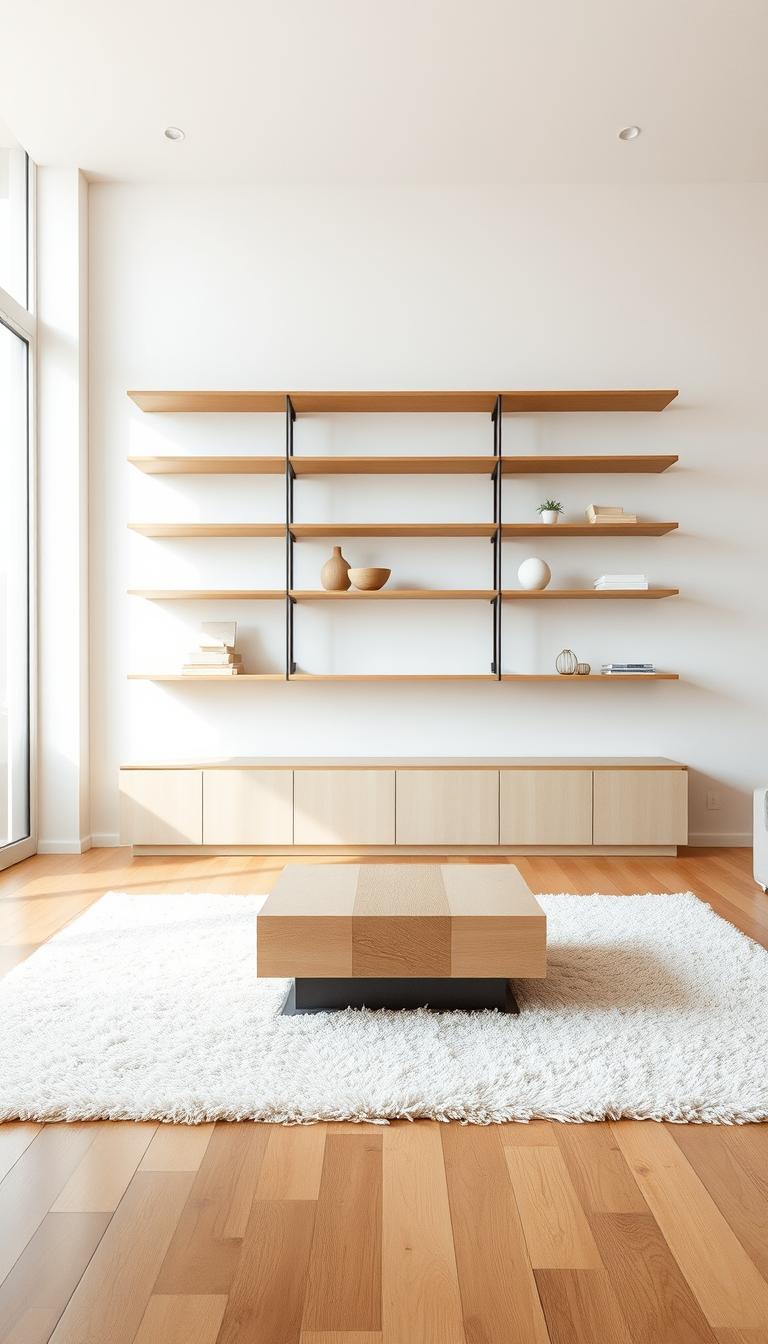 A minimalist living room with a focus on clean lines and natural materials. A large, floating wooden shelving unit with sparse decor sits against a light, neutral-toned wall. A plush, off-white rug covers the hardwood floor, and a low, blocky coffee table made of pale wood and metal rests in the center. Diffused, natural light filters through large windows, casting a soft glow over the space. The overall atmosphere is calm, serene, and uncluttered, emphasizing simplicity and functionality.