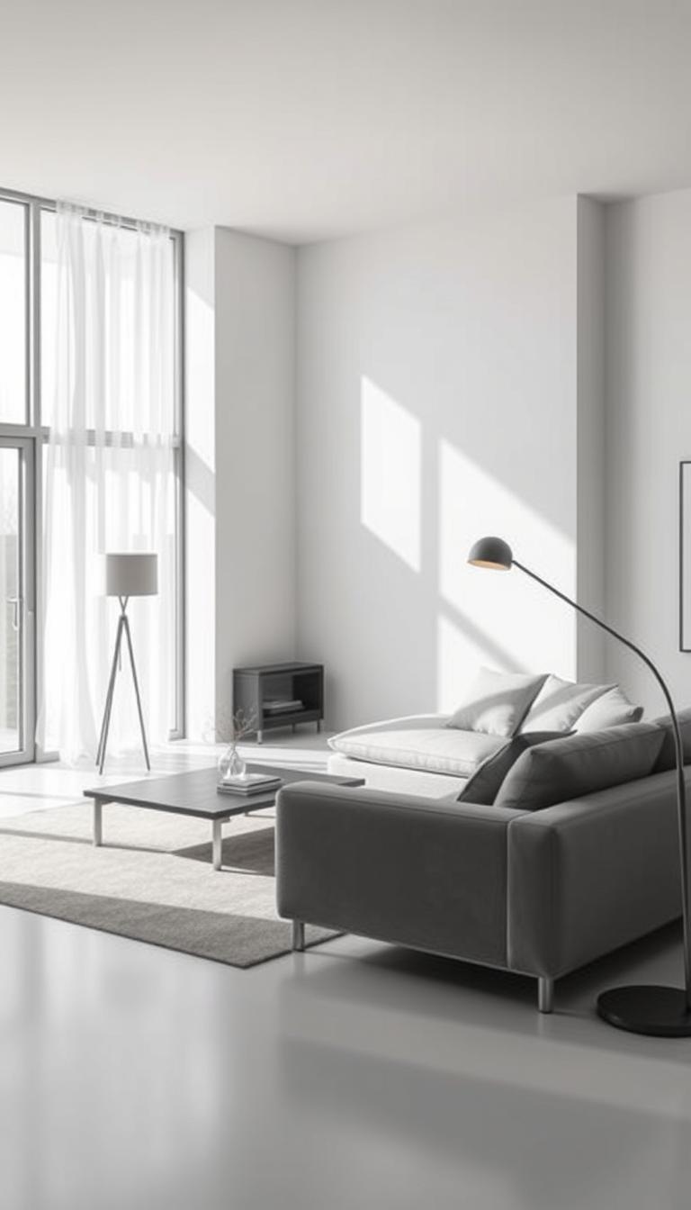A minimalist living room with a sleek, contemporary sofa, a low-profile coffee table, and a minimalist floor lamp casting warm, diffused light. The space is airy and uncluttered, with clean lines and a monochromatic color scheme of grays and whites. Sunlight streams in through large windows, creating a serene and calming atmosphere. The room is devoid of unnecessary ornamentation, showcasing the beauty of the streamlined, modern furniture and accessories.