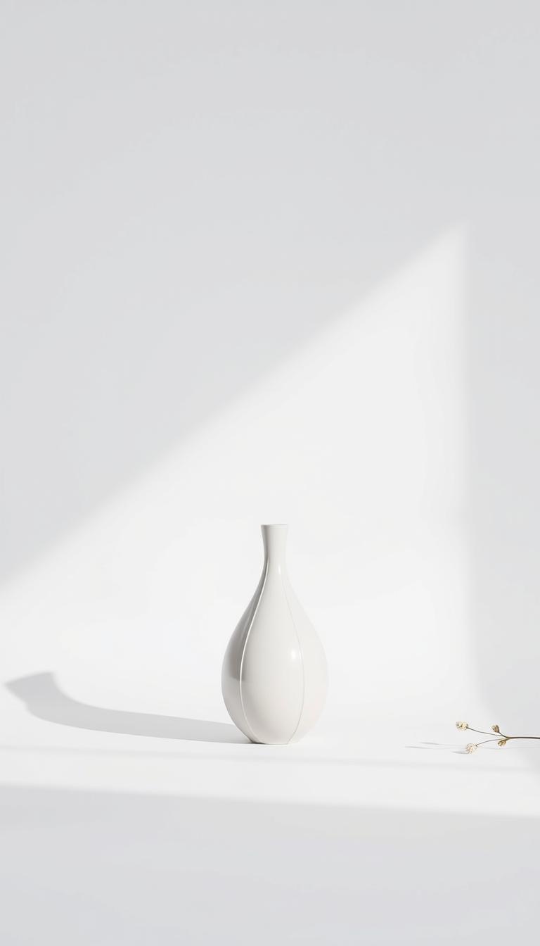 A minimalist still life arrangement with a single, exquisitely crafted vase in the foreground, set against a clean, white backdrop. The vase's design is sleek and elegant, its lines and curves highlighting the quality of its craftsmanship. The vase is positioned in a way that emphasizes its form, with soft, diffused lighting from the side creating subtle shadows and highlights that accentuate its beauty. The background is a simple, muted color, allowing the vase to be the sole focus of the composition, conveying the "quality over quantity" principle in a visually striking manner.