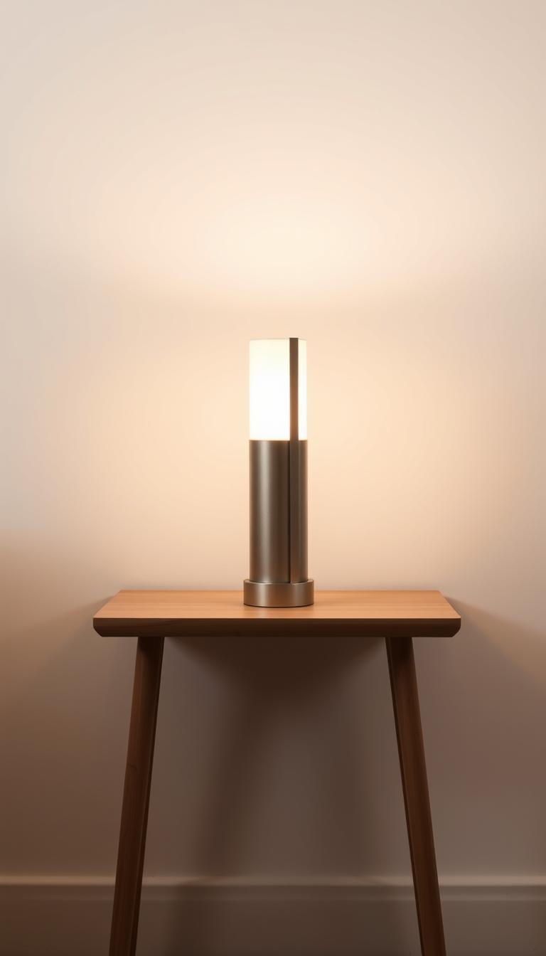A minimalist table lamp with a sleek, cylindrical design stands on a simple wooden side table. The lamp casts a warm, ambient glow, illuminating the surrounding space with a soft, diffused light. The lighting is tasteful and understated, creating a cozy and inviting atmosphere. The table and lamp are positioned in front of a plain white wall, allowing the minimalist styling to take center stage. The overall scene conveys a sense of tranquility and refined elegance.