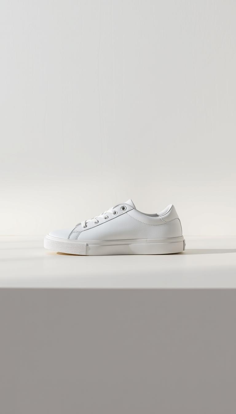 A minimalist white sneaker sits at the center of the frame, its clean lines and simple silhouette commanding attention. The sneaker is positioned on a plain, light-colored surface, with a soft, natural lighting illuminating its surface. In the background, a neutral-colored wall provides a simple, unobtrusive backdrop, allowing the sneaker to be the focal point of the composition. The overall mood is one of simplicity, elegance, and timeless style, capturing the essence of a versatile, essential wardrobe item.