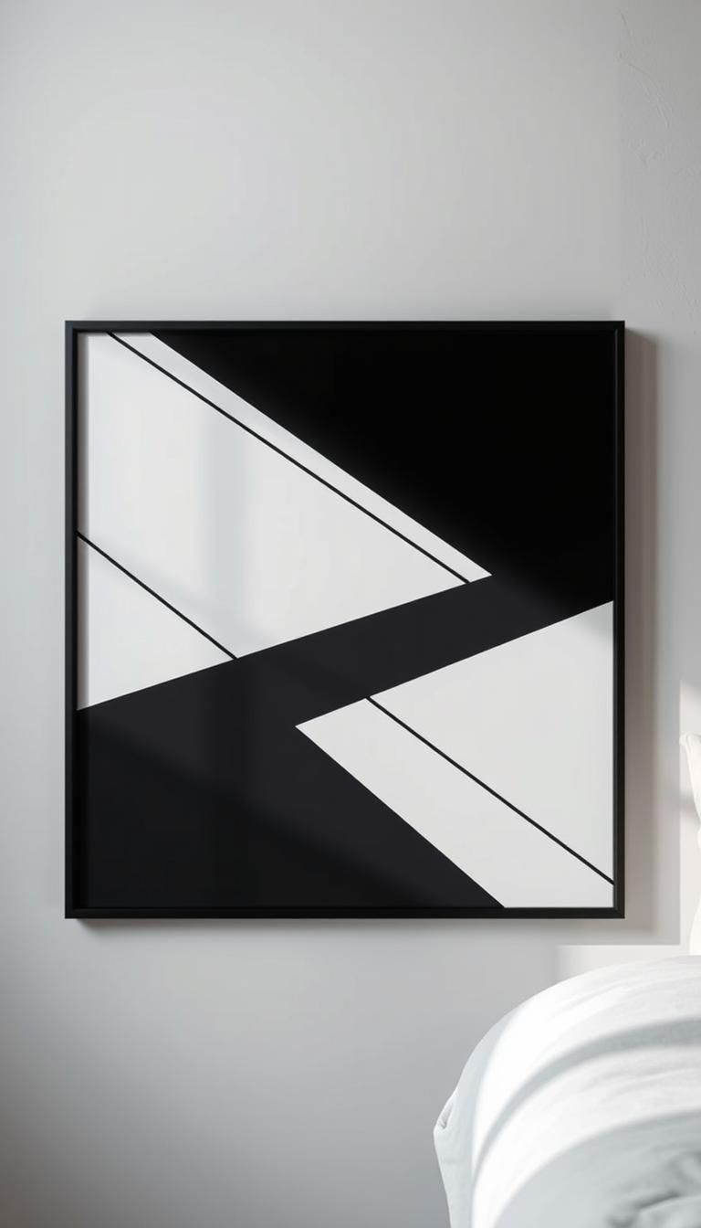 A minimalist yet elegant wall art piece, featuring a striking geometric pattern in a high-contrast color scheme. The design is composed of sleek, intersecting lines and shapes, creating a sense of depth and visual interest. The artwork is framed in a simple, modern wooden frame with a matte black finish, complementing the clean aesthetic. The lighting is soft and diffused, casting subtle shadows that accentuate the dimensional qualities of the piece. The overall mood is sophisticated and refined, evoking a high-end, designer-inspired ambiance suitable for a contemporary living space.