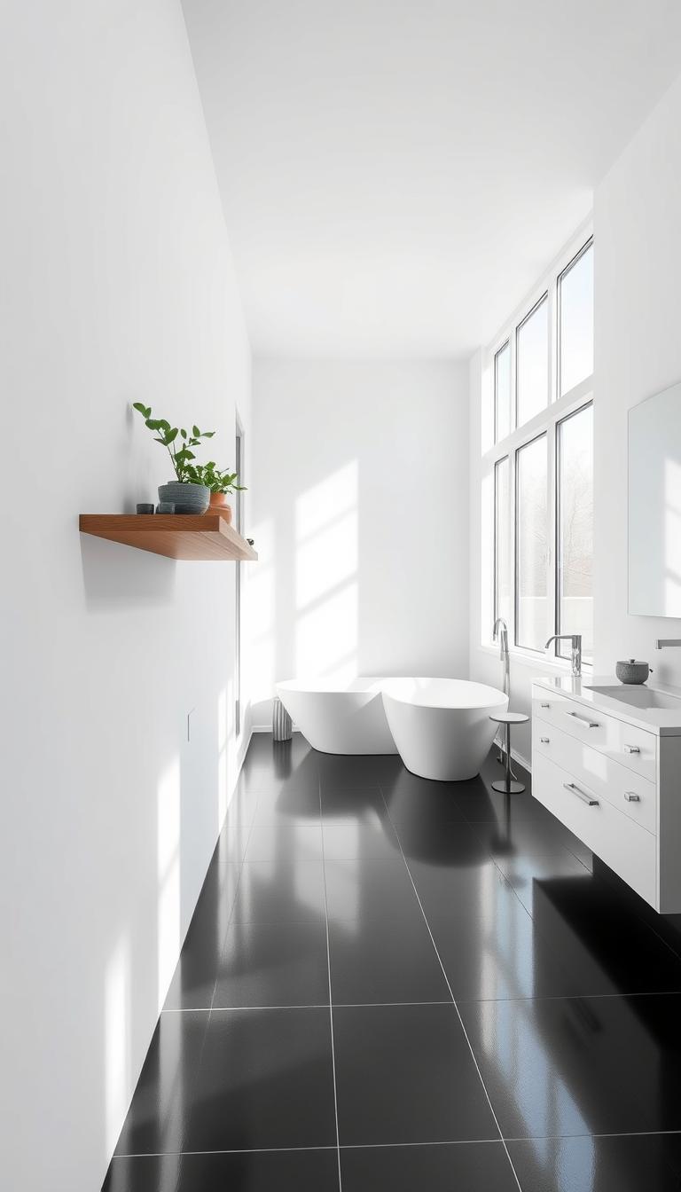 A modern and minimalist bathroom with clean white walls and a sleek black tile floor. In the foreground, a floating wooden shelf with potted plants and decorative objects, casting soft shadows on the wall. The middle ground showcases a large, frameless mirror that reflects the natural light streaming in through large windows, creating a bright and airy atmosphere. The background features a freestanding bathtub with a modern chrome faucet, complemented by a simple white vanity with drawers. The overall mood is one of relaxation and sophistication, showcasing the beauty of a well-designed, functional bathroom space. A modern and minimalist bathroom with clean white walls and a sleek black tile floor. In the foreground, a floating wooden shelf with potted plants and decorative objects, casting soft shadows on the wall. The middle ground showcases a large, frameless mirror that reflects the natural light streaming in through large windows, creating a bright and airy atmosphere. The background features a freestanding bathtub with a modern chrome faucet, complemented by a simple white vanity with drawers. The overall mood is one of relaxation and sophistication, showcasing the beauty of a well-designed, functional bathroom space.