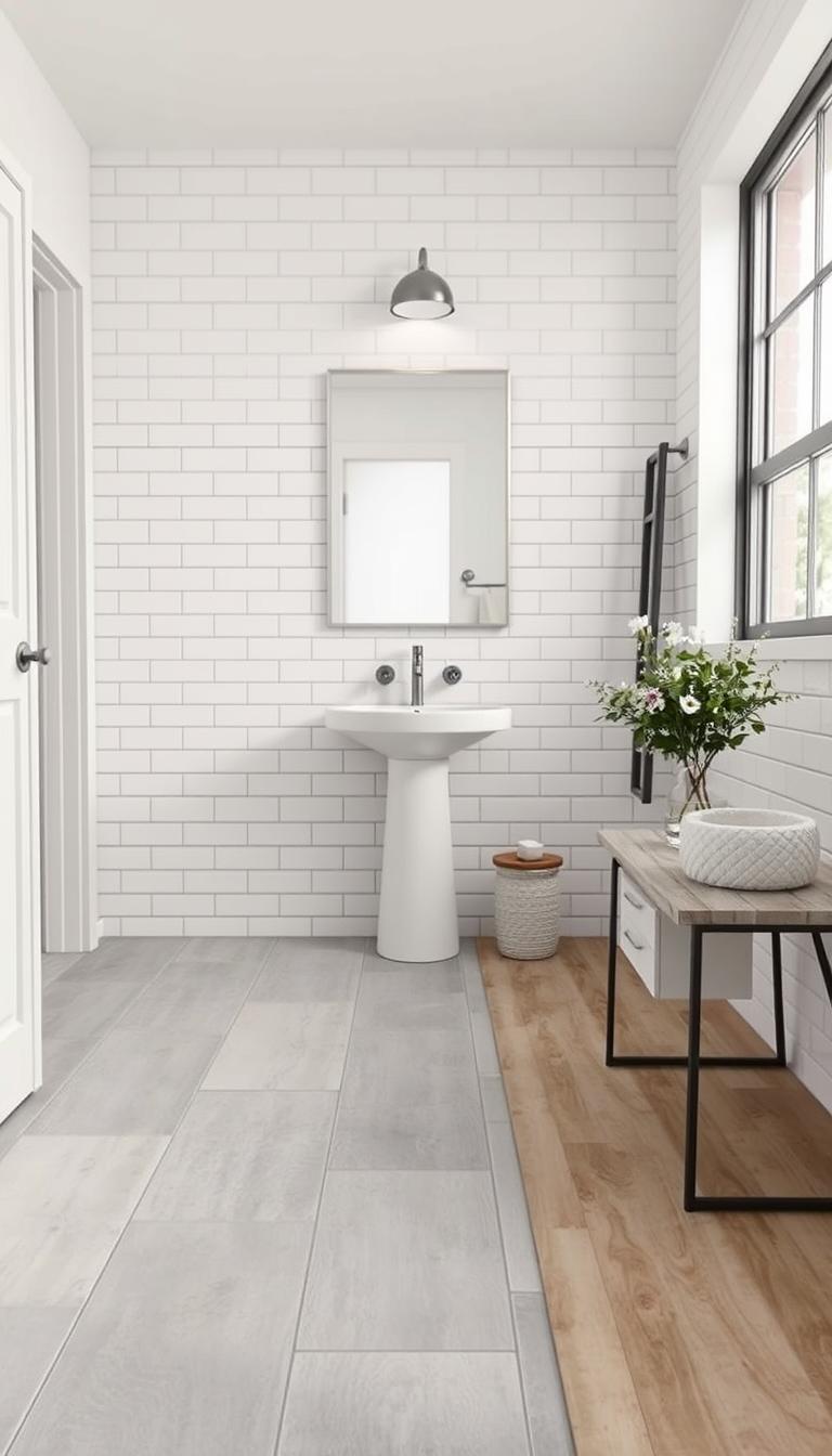 A modern bathroom with a clean, minimalist aesthetic. In the foreground, a peel-and-stick tile floor in a neutral, muted color palette, creating a durable and easy-to-install surface. The middle ground features a simple pedestal sink and a frameless wall mirror, illuminated by a sleek, wall-mounted light fixture. The background showcases crisp white subway tiles lining the walls, reflecting natural light from a large window, evoking a bright, airy atmosphere. The overall scene conveys a sense of budget-friendly sophistication, highlighting the transformative potential of peel-and-stick tiles to enhance a bathroom's style without breaking the bank. A modern bathroom with a clean, minimalist aesthetic. In the foreground, a peel-and-stick tile floor in a neutral, muted color palette, creating a durable and easy-to-install surface. The middle ground features a simple pedestal sink and a frameless wall mirror, illuminated by a sleek, wall-mounted light fixture. The background showcases crisp white subway tiles lining the walls, reflecting natural light from a large window, evoking a bright, airy atmosphere. The overall scene conveys a sense of budget-friendly sophistication, highlighting the transformative potential of peel-and-stick tiles to enhance a bathroom's style without breaking the bank.
