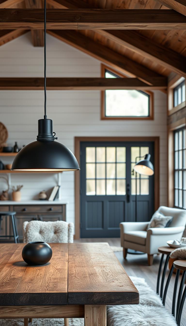 A modern farmhouse interior with a focus on matte black metal light fixtures. The room has a warm, inviting atmosphere with wood accents, neutral tones, and plush textiles. In the foreground, a pair of sleek matte black pendant lights hang over a rustic wooden dining table, casting a soft, ambient glow. In the middle ground, a matte black metal floor lamp stands next to a cozy armchair, creating a reading nook. The background features a wall of shiplap, accentuating the farmhouse aesthetic, and large windows allowing natural light to flood the space. The overall scene conveys a harmonious balance of industrial and pastoral elements.