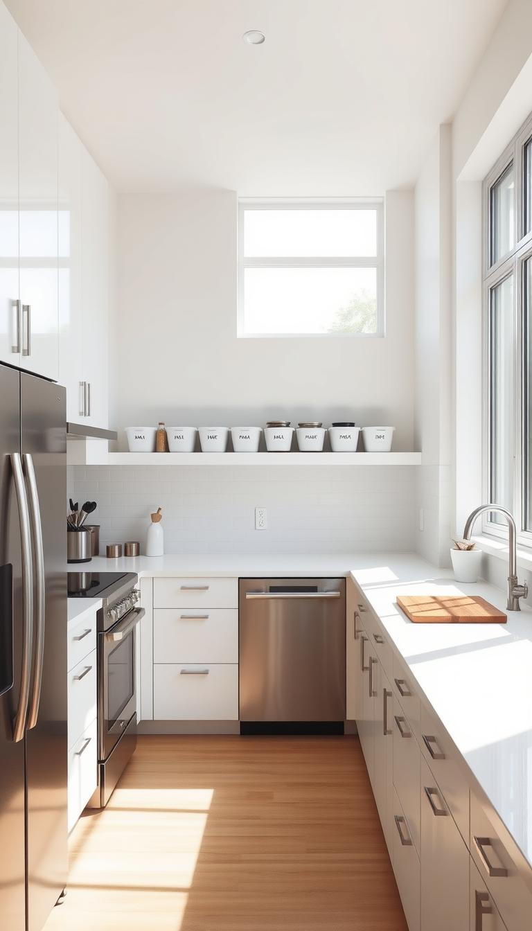 A modern, minimalist kitchen with pristine white cabinets and sleek stainless steel appliances. The countertops are clear, save for a few neatly organized jars, containers, and a cutting board. Natural light streams in through large windows, illuminating the space. On the shelves, a row of labeled storage bins hold various kitchen essentials, creating a sense of order and efficiency. The overall atmosphere is calm, clean, and inviting - a space primed for organized productivity.