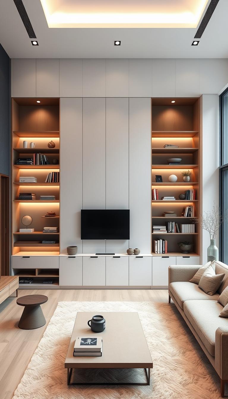 A modern minimalist living room with a sleek vertical storage unit, featuring clean lines, muted colors, and natural materials like wood and metal. The unit spans the full height of the wall, offering ample space for books, decor, and personal items. Soft, indirect lighting from recessed ceiling fixtures and a large window creates a warm, inviting atmosphere. The room is styled with a cozy sofa, a low coffee table, and a few carefully chosen accent pieces that complement the vertical storage's aesthetic. The overall impression is one of elegant simplicity and efficient, space-saving design.