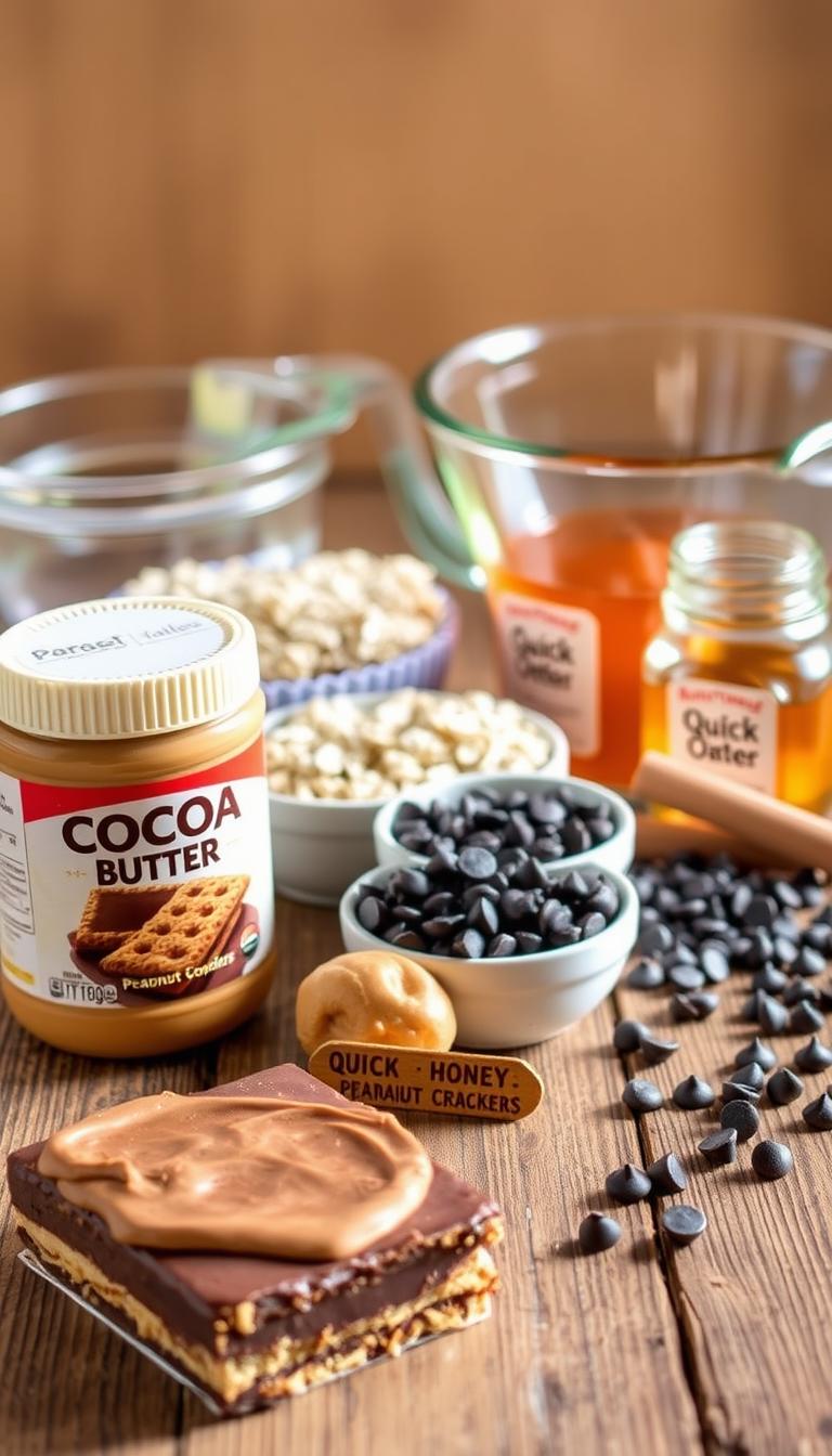 A neatly arranged assortment of ingredients for no-bake chocolate peanut butter bars, bathed in warm, natural lighting. In the foreground, smooth peanut butter, rich cocoa powder, and a box of graham crackers sit atop a rustic wooden surface. The middle ground features a bowl of quick oats, a jar of honey, and a scattering of chocolate chips. In the background, a glass measuring cup and a stainless steel mixing bowl set the stage for effortless preparation. The overall composition conveys a sense of simplicity and approachability, inviting the viewer to easily create these delectable no-bake treats.