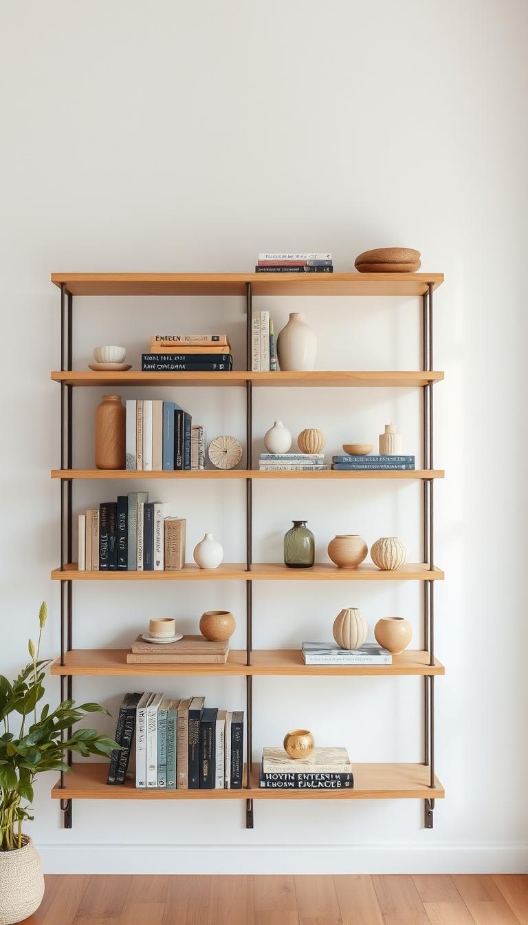 A neatly arranged bookshelf in a cozy, light-filled room. The shelves are made of warm, natural wood, displaying a carefully curated collection of books, vases, and decorative accents in a harmonious color palette of soft neutrals and earthy tones. The lighting is diffuse and gentle, casting a welcoming glow that highlights the textures and shadows of the objects. The bookshelf is positioned against a plain white wall, allowing the displayed items to take center stage. An elegant, minimalist design that exudes a sense of balance and serenity, inspiring a clean, stylish approach to shelf styling.