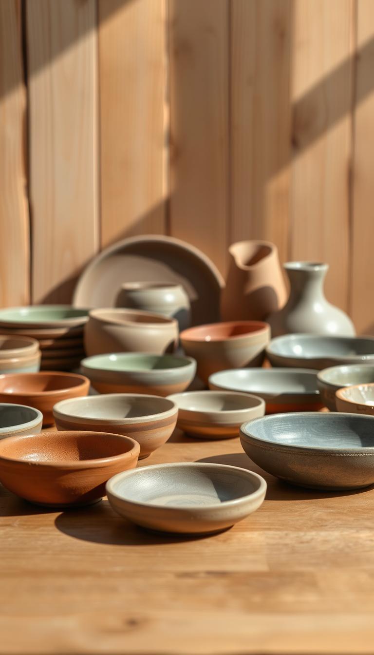 A neatly arranged composition of various handcrafted clay dishes on a wooden surface. In the foreground, a set of simple, minimalist dishes in earthy tones like terracotta, sage green, and soft gray, each with a unique textured surface. In the middle ground, a few larger, more sculptural pieces with organic shapes and subtle glazes, casting soft shadows. The background features a plain, rustic wooden backdrop, gently illuminated by natural, diffused lighting, creating a warm and inviting atmosphere. The entire scene exudes a sense of artisanal craftsmanship, simplicity, and understated elegance.
