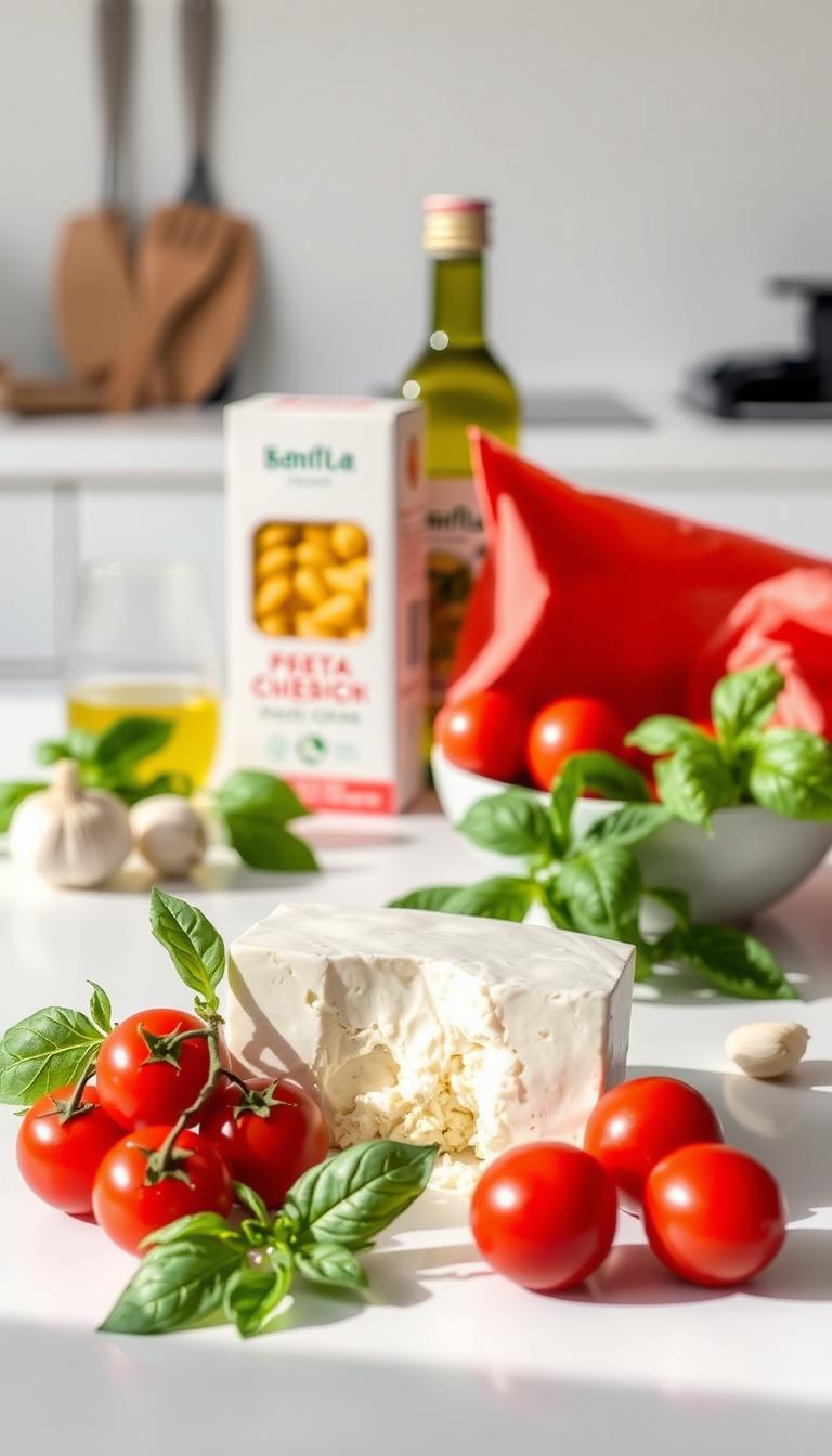 A neatly arranged still life of the key ingredients for baked feta pasta, shot in natural light against a clean white background. In the foreground, a block of creamy feta cheese, cherry tomatoes, and a bundle of fresh basil leaves. In the middle ground, a box of short-cut pasta, a bottle of olive oil, and a clove of garlic. The background features a minimalist kitchen setting, with a few simple cooking utensils visible. The overall mood is bright, fresh, and inviting, capturing the essence of this delectable Mediterranean-inspired dish.
