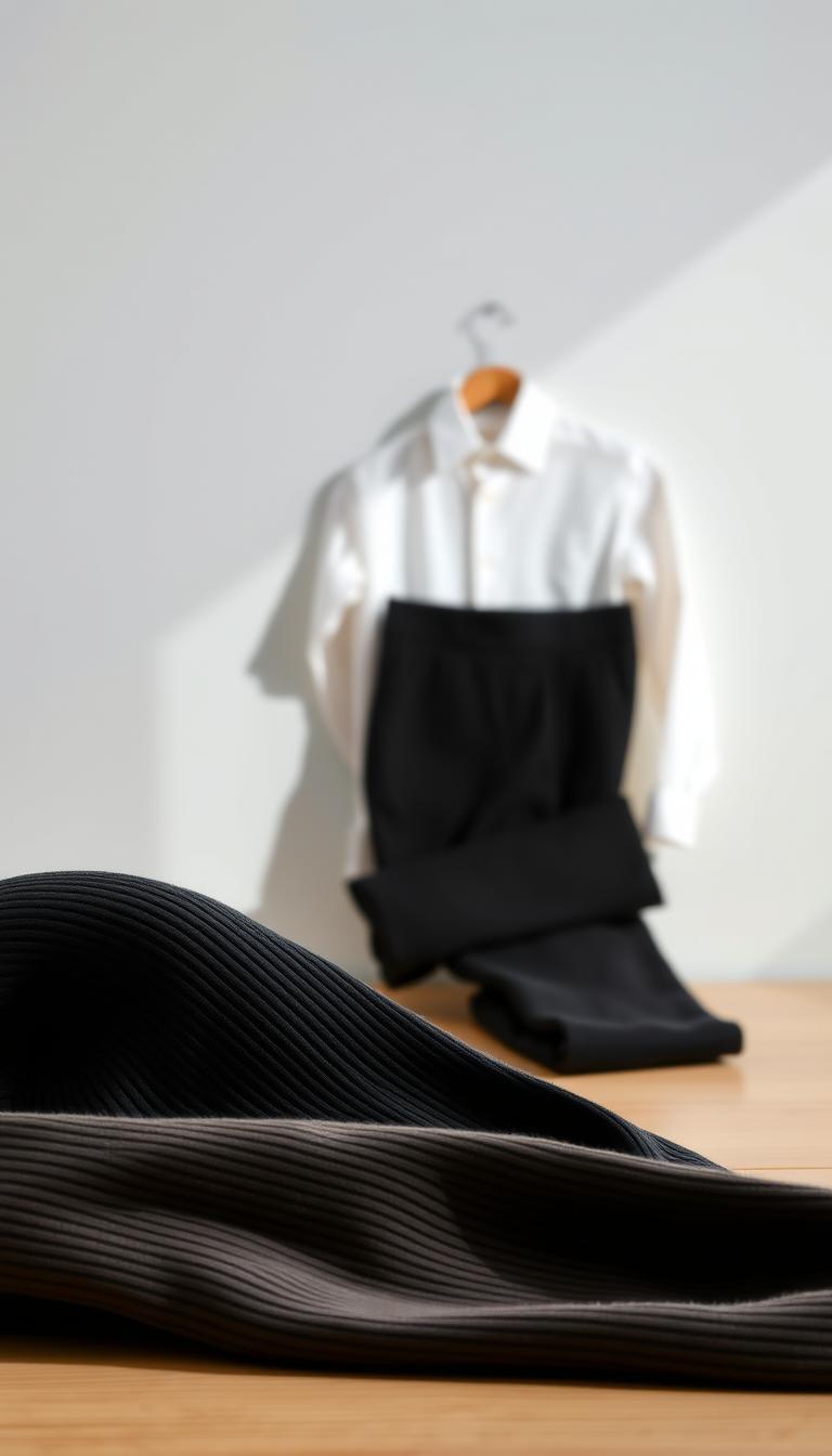 A neatly arranged still life showcasing a collection of essential wardrobe items. In the foreground, a pair of high-quality ribbed long-sleeve basics in neutral tones, their soft, textured surfaces gently illuminated by natural light. In the middle ground, a classic pair of fitted black pants and a minimalist white button-down shirt, folded with care. The background features a clean, airy setting with a wooden surface, complemented by a subtle gray backdrop that allows the wardrobe essentials to take center stage. The overall mood is one of simplicity, elegance, and timeless style.