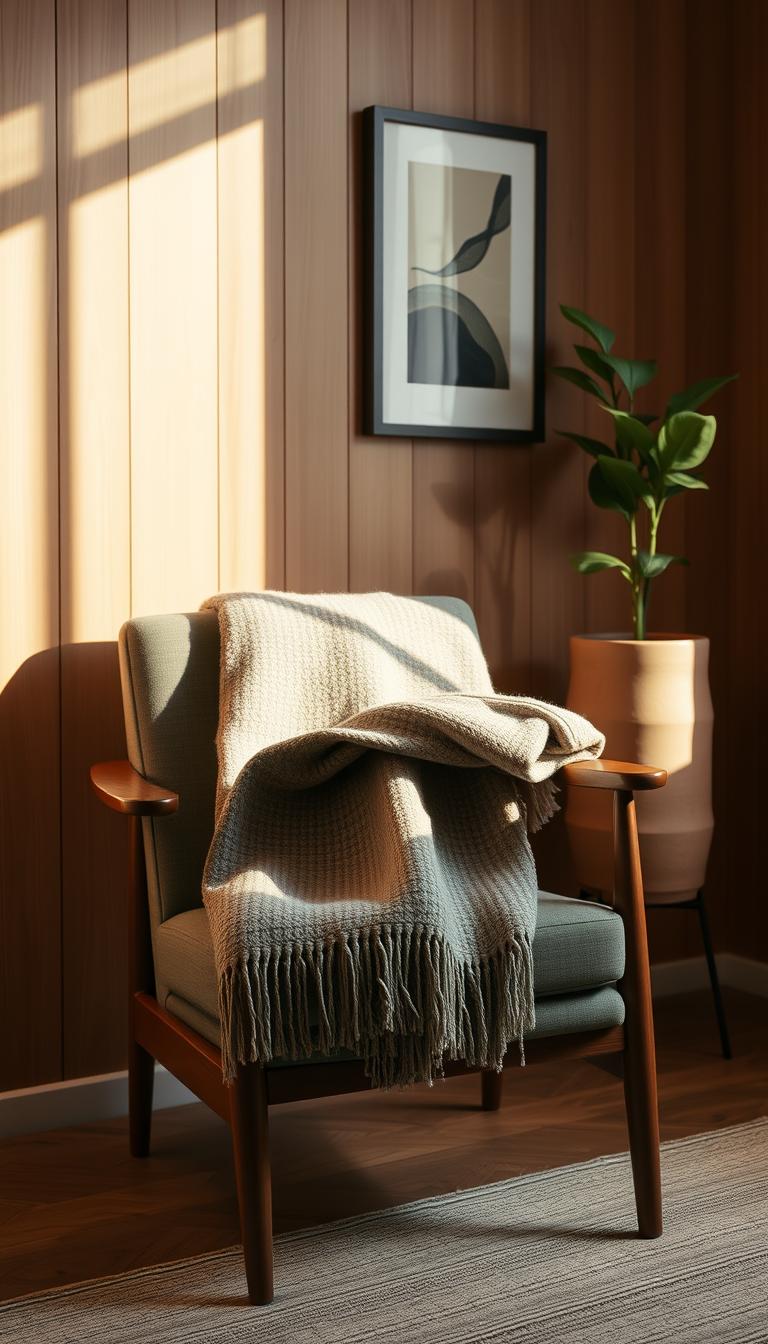 A neatly folded wool blanket draped over the arm of a mid-century modern armchair. The chair is set against a wall with minimalist wood paneling, casting warm, natural lighting across the scene. In the background, a tall plant in a ceramic planter adds a touch of greenery, while a single abstract framed artwork hangs on the wall, completing the curated, intentional decor. The overall atmosphere evokes a sense of comfort, simplicity, and sophisticated style.
