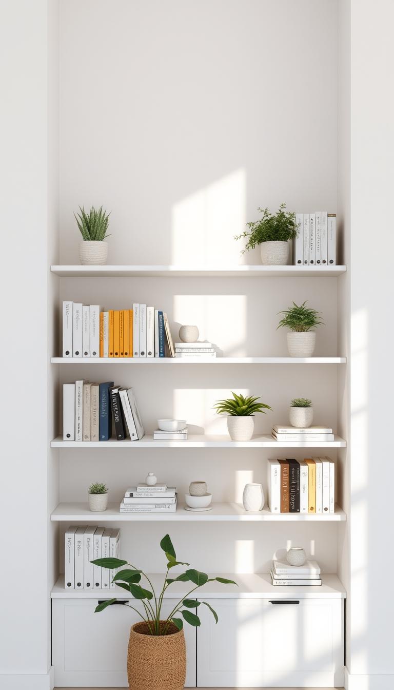A neatly organized bookshelf against a serene, minimalist backdrop. The shelves are adorned with a harmonious arrangement of books, potted plants, and subtle decorative accents. Soft, natural lighting filters in, creating a warm, inviting ambiance. The bookshelf's clean lines and carefully curated contents convey a sense of order and tranquility, reflecting the desired atmosphere of a decluttered, calming home space. The camera angle is slightly elevated, providing a balanced, visually appealing composition that showcases the bookshelf's thoughtful design and organization. A neatly organized bookshelf against a serene, minimalist backdrop. The shelves are adorned with a harmonious arrangement of books, potted plants, and subtle decorative accents. Soft, natural lighting filters in, creating a warm, inviting ambiance. The bookshelf's clean lines and carefully curated contents convey a sense of order and tranquility, reflecting the desired atmosphere of a decluttered, calming home space. The camera angle is slightly elevated, providing a balanced, visually appealing composition that showcases the bookshelf's thoughtful design and organization.