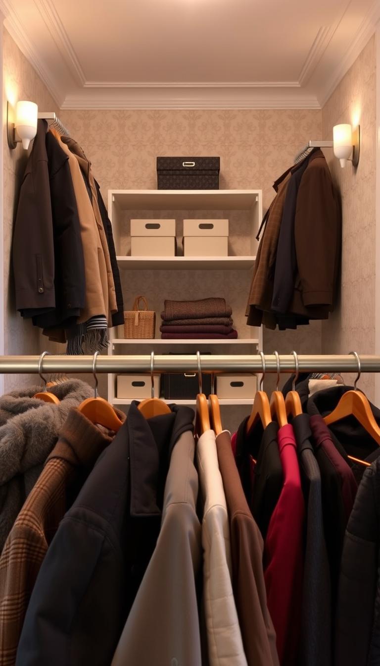 A neatly organized coat closet with a warm, inviting atmosphere. The foreground showcases an arrangement of coats, jackets, and scarves displayed on wooden hangers, their colors and textures creating a visually appealing display. In the middle ground, shelves hold folded sweaters and neatly stacked boxes, while the background features a soft, muted wallpaper with a subtle pattern, complementing the overall aesthetic. The lighting is gentle, with a mix of natural daylight filtering in and subtle wall sconces, creating a cozy, calming ambiance. The camera angle is slightly elevated, allowing the viewer to appreciate the well-curated and clutter-free space, inspiring a sense of order and tranquility. A neatly organized coat closet with a warm, inviting atmosphere. The foreground showcases an arrangement of coats, jackets, and scarves displayed on wooden hangers, their colors and textures creating a visually appealing display. In the middle ground, shelves hold folded sweaters and neatly stacked boxes, while the background features a soft, muted wallpaper with a subtle pattern, complementing the overall aesthetic. The lighting is gentle, with a mix of natural daylight filtering in and subtle wall sconces, creating a cozy, calming ambiance. The camera angle is slightly elevated, allowing the viewer to appreciate the well-curated and clutter-free space, inspiring a sense of order and tranquility.