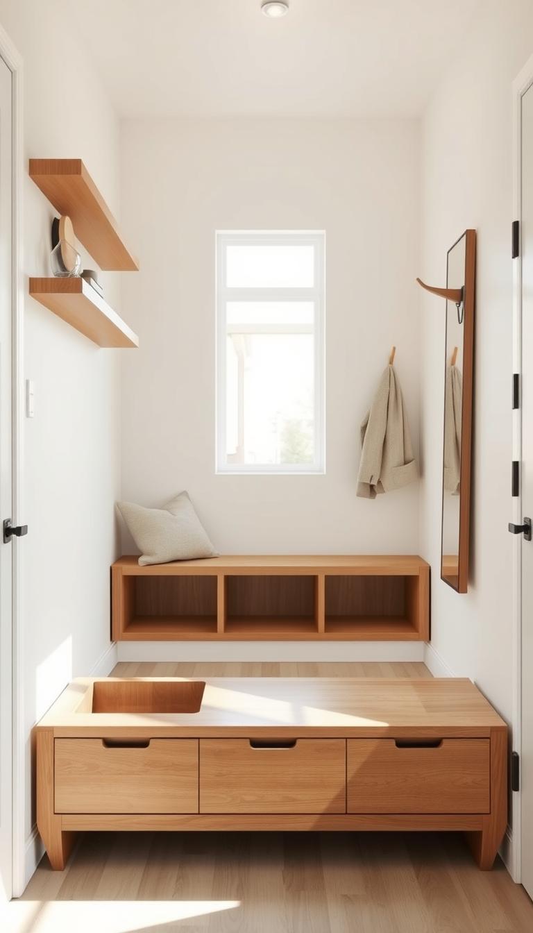 A neatly organized entryway with clean lines and minimalist decor. In the foreground, a wooden bench with hidden storage compartments serves as a functional drop-zone. On the wall, a series of floating shelves display a few carefully curated decorative items. The middle ground features a sleek, wall-mounted coat rack and a tall, narrow mirror that creates the illusion of depth. The background showcases a neutral-toned, well-lit space with a warm, inviting atmosphere. Natural sunlight filters in through a large window, casting a soft, diffused glow. The overall composition emphasizes simplicity, functionality, and a sense of calm to make the most of a small, confined entryway.