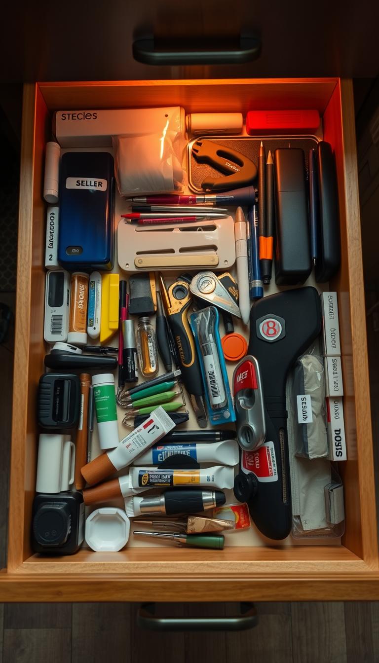 A neatly organized junk drawer with assorted office supplies, tools, and personal items meticulously arranged in labeled compartments. The drawer is illuminated by a warm, soft lighting that casts a cozy glow, highlighting the careful curation of the contents. The scene is captured from a slightly elevated angle, providing a clear, unobstructed view of the tidy and efficient storage solution. The overall atmosphere conveys a sense of order, productivity, and a well-maintained home environment. A neatly organized junk drawer with assorted office supplies, tools, and personal items meticulously arranged in labeled compartments. The drawer is illuminated by a warm, soft lighting that casts a cozy glow, highlighting the careful curation of the contents. The scene is captured from a slightly elevated angle, providing a clear, unobstructed view of the tidy and efficient storage solution. The overall atmosphere conveys a sense of order, productivity, and a well-maintained home environment.