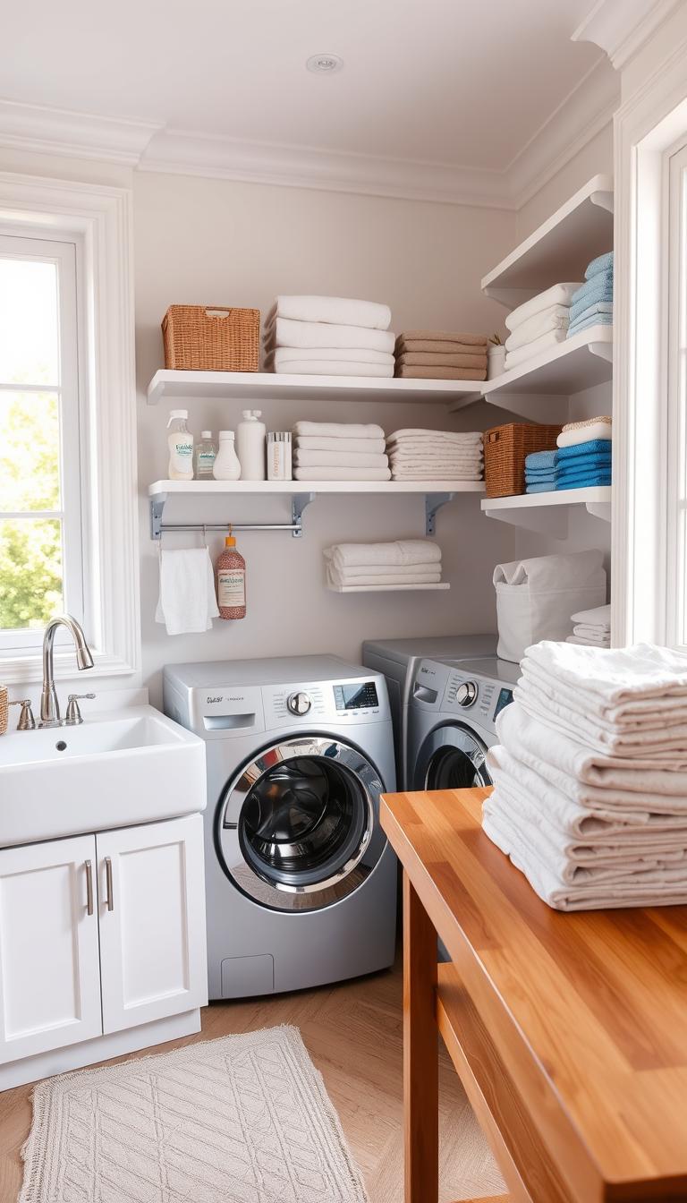 A neatly organized laundry room, with a crisp white utility sink, gleaming chrome fixtures, and a modern front-loading washer and dryer. Brightly lit by large windows, soft natural light illuminates the space. Shelves lining the walls hold carefully folded towels, detergents, and other cleaning supplies. In the foreground, a wooden folding table stands ready, a stack of freshly laundered clothes awaiting their turn to be neatly arranged. The overall atmosphere is one of efficiency, order, and a sense of accomplishment – a tidy home routine in action.
