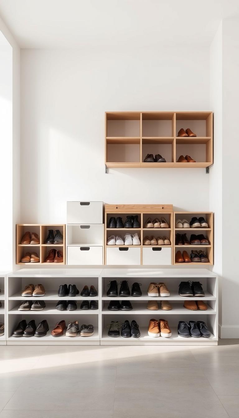 A neatly organized shoe storage system set against a minimalist, bright backdrop. In the foreground, a row of sleek, modern shelves showcases an array of well-maintained shoes, each displayed with care. The middle ground features a variety of storage solutions, from minimalist cubbies to modular racks, all crafted from natural materials like wood and metal. The background is bathed in soft, diffused lighting, creating a serene, calming atmosphere that invites the viewer to imagine a decluttered, harmonious living space. The overall composition conveys a sense of order, efficiency, and a thoughtful approach to home organization. A neatly organized shoe storage system set against a minimalist, bright backdrop. In the foreground, a row of sleek, modern shelves showcases an array of well-maintained shoes, each displayed with care. The middle ground features a variety of storage solutions, from minimalist cubbies to modular racks, all crafted from natural materials like wood and metal. The background is bathed in soft, diffused lighting, creating a serene, calming atmosphere that invites the viewer to imagine a decluttered, harmonious living space. The overall composition conveys a sense of order, efficiency, and a thoughtful approach to home organization.
