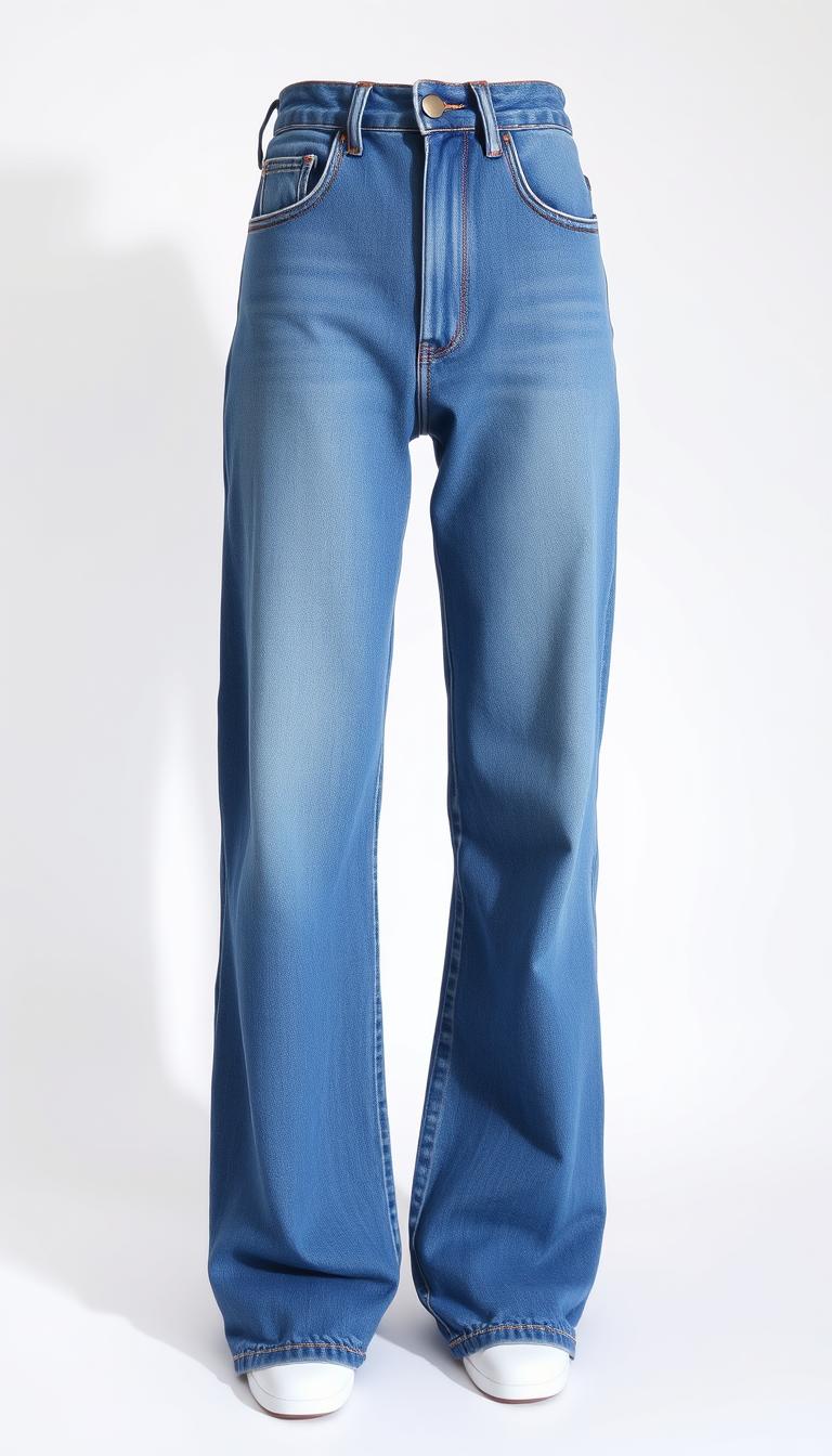 A pair of high-waisted, straight-leg jeans in a medium blue denim, with subtle fading and whisker details. The jeans have a classic 5-pocket design and a slightly relaxed fit through the legs. The waistband sits comfortably at the natural waistline, creating a flattering, elongating silhouette. The jeans are photographed against a plain white background, with soft, diffused lighting that casts gentle shadows and highlights the texture of the denim. The overall mood is clean, minimalist, and focused on showcasing the versatile, everyday style of the high-waisted straight-leg jeans.