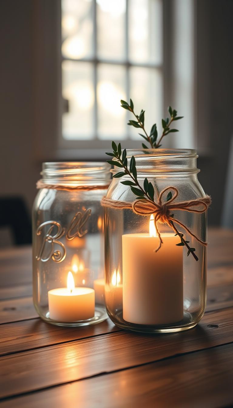 A pair of rustic mason jars sitting on a wooden tabletop, their glass surfaces gently reflecting the warm glow of the candles flickering inside. The jars are adorned with delicate twine and sprigs of fragrant greenery, creating a cozy and inviting ambiance. Soft natural light filters in through a nearby window, casting gentle shadows and highlighting the organic textures of the materials. The overall scene evokes a sense of homemade charm and simple elegance, perfect for adding a touch of DIY style to any living space.