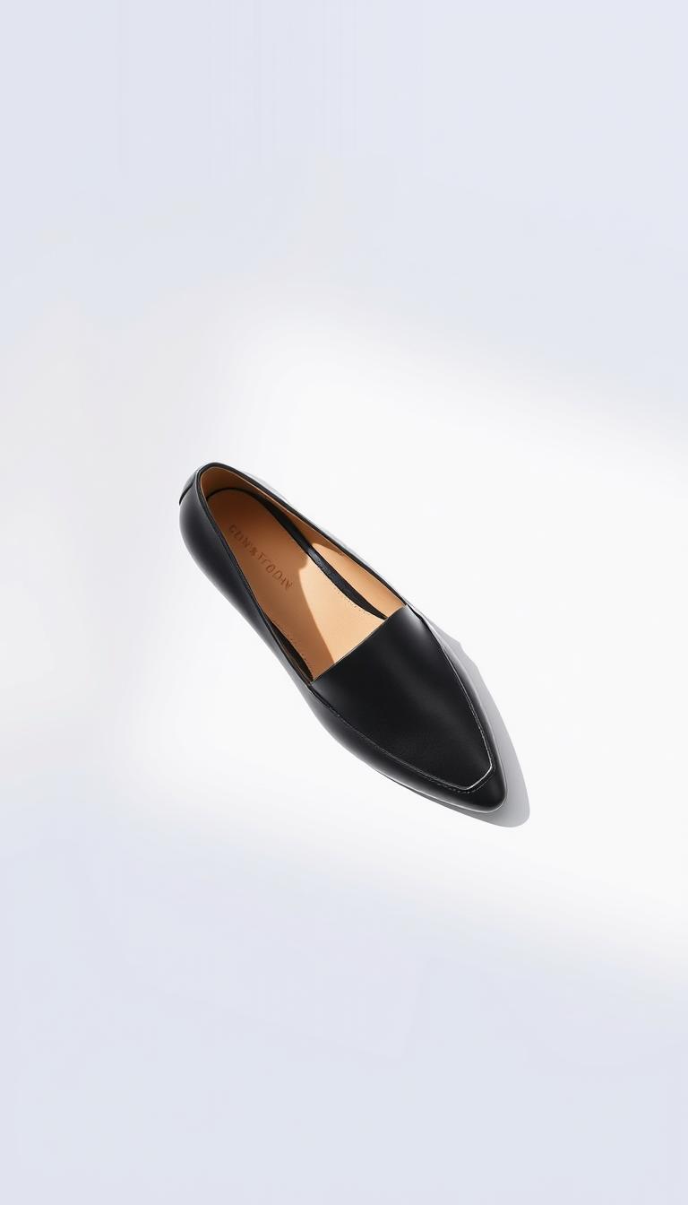 A pair of sleek, minimalist leather loafers or pointed-toe flats, resting on a clean, white background. The shoes are in a neutral color palette, such as black, beige, or gray, exuding an elegant, refined aesthetic. Soft, directional lighting casts gentle shadows, highlighting the smooth lines and high-quality materials. The composition emphasizes the simplicity and versatility of these wardrobe essentials, creating a sense of timeless style and effortless sophistication.