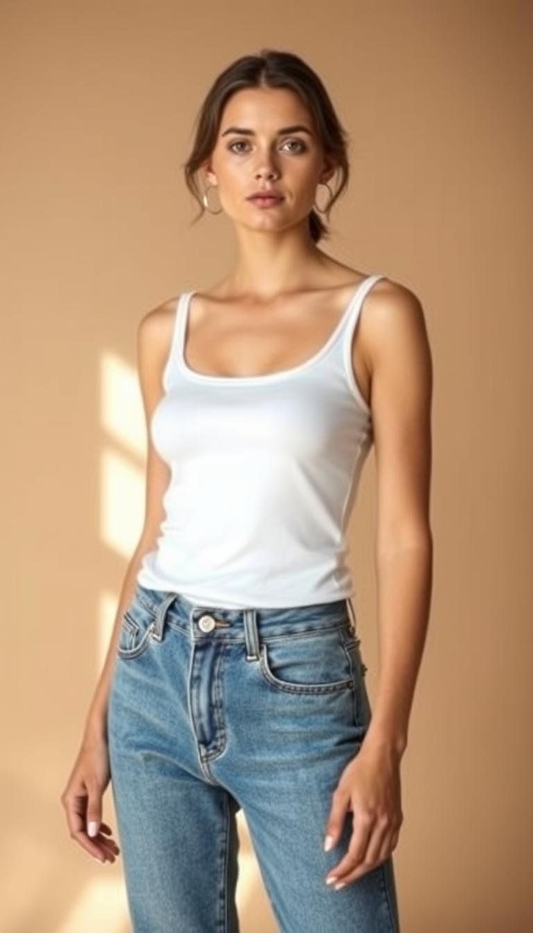 A pristine, crisp white fitted tank top standing in the foreground, the fabric gently draping over a lithe, feminine form. The tank is paired with timeless, high-waisted blue denim jeans, the perfect complement to the simplicity of the top. Soft, natural lighting cascades over the ensemble, highlighting the quality and simplicity of the pieces. The background is a minimalist, earthy-toned studio setting, placing the focus entirely on the classic, versatile wardrobe staples. An air of effortless elegance and timelessness permeates the scene, capturing the essence of a chic, Pinterest-worthy capsule wardrobe.