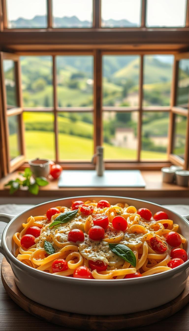A rustic Italian kitchen scene with a large, light-filled window overlooking a lush, rolling countryside. In the center, a baking dish filled with perfectly golden-brown baked feta pasta, the creamy, tangy cheese melted and bubbling. Vibrant cherry tomatoes, fresh basil, and garlicky olive oil coat the al dente pasta. Warm, soft lighting casts a cozy glow over the scene, while the distant hills provide a serene, countryside backdrop. The composition emphasizes the simplicity and homemade nature of this beloved, viral recipe.