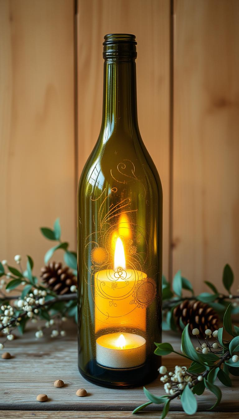 A rustic and charming upcycled wine bottle candle holder, set against a cozy and inviting backdrop. The bottle has been meticulously transformed, with a warm, flickering flame casting a soft glow through the tinted glass. The surface is adorned with intricate etchings or decorative elements, adding a unique and personalized touch. The candle holder is placed on a wooden surface, surrounded by delicate foliage, natural textures, and perhaps a few additional repurposed elements, creating a harmonious and visually appealing scene. Soft, diffused lighting enhances the overall ambiance, conveying a sense of tranquility and inviting the viewer to imagine this piece as part of a welcoming, sustainable home decor.