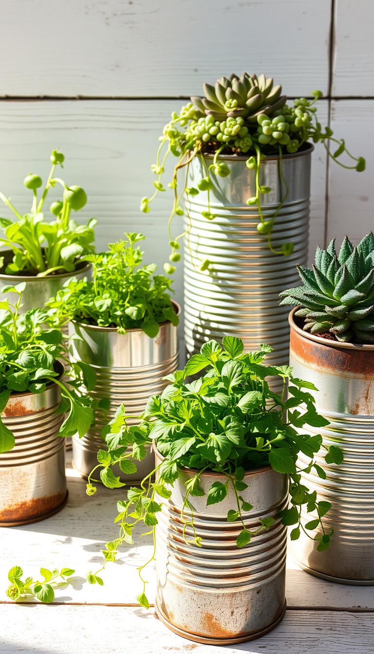 A rustic arrangement of upcycled tin cans transformed into charming herb planters, bathed in soft, natural light. In the foreground, various sized cans, their metallic surfaces weathered and worn, are filled with lush, verdant herbs cascading over the edges. The middle ground features a mix of succulents and trailing vines spilling from additional tin planters, creating a layered, textural display. The background is a simple, white-washed wooden surface, allowing the vibrant greenery and burnished metal to take center stage. The overall mood is one of effortless, sustainable style - a harmonious blend of industrial and organic elements that breathes new life into humble, discarded materials.