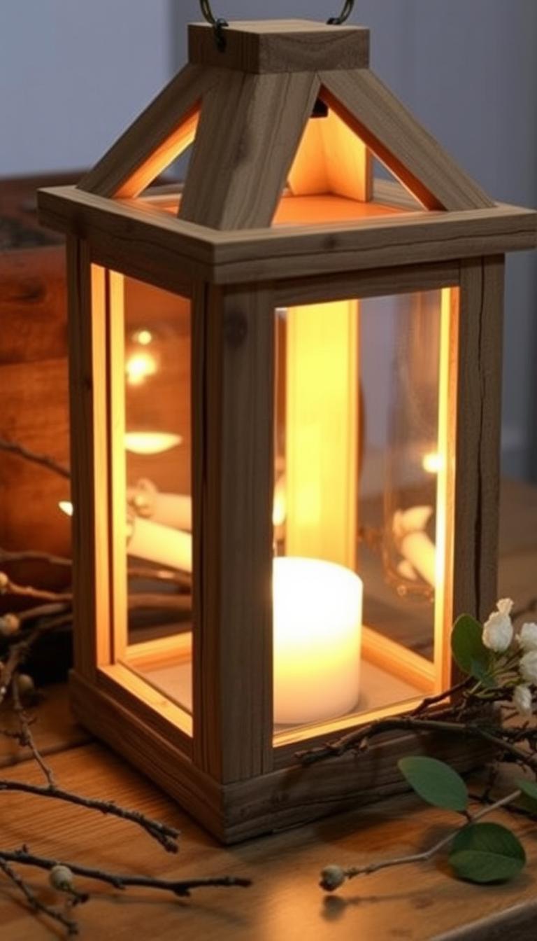 A rustic candle lantern made from a Dollar Tree wooden frame, featuring a warm, soft lighting effect. The lantern is placed on a wooden surface, surrounded by natural elements such as twigs, leaves, and flowers, creating a cozy and inviting atmosphere. The lantern's glass panels are illuminated, casting a gentle glow that warms the space. The overall composition is shot from a slightly low angle, emphasizing the lantern's charm and highlighting the intricate details of the handcrafted design. The lighting is soft and diffused, creating a serene and inviting ambiance, perfect for a cozy evening setting.