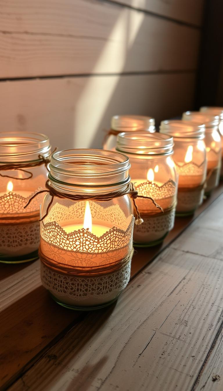 A rustic collection of handcrafted mason jar candle holders, illuminated by warm, flickering flames. The jars are adorned with delicate lace, twine, and delicate floral accents, arranged artfully on a distressed wooden surface. Soft, natural lighting casts gentle shadows, creating a cozy and inviting atmosphere. The focus is on the textural details of the DIY elements, captured from a slightly elevated perspective to showcase the charming, homemade aesthetic. The overall mood is one of simple elegance and relaxed, effortless beauty.