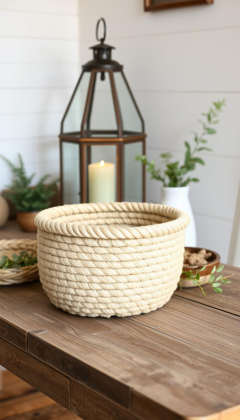 A rustic farmhouse decor scene with a focal point on a handcrafted rope basket. The basket sits on a weathered wooden table, surrounded by elements of natural textures and earthy tones. In the background, a white shiplap wall provides a clean backdrop, while a vintage metal lantern casts a warm, soft light. Subtle pops of greenery, such as a small potted plant or a sprig of eucalyptus, add a touch of freshness. The overall atmosphere is cozy, inviting, and reflective of a charming, countryside aesthetic.
